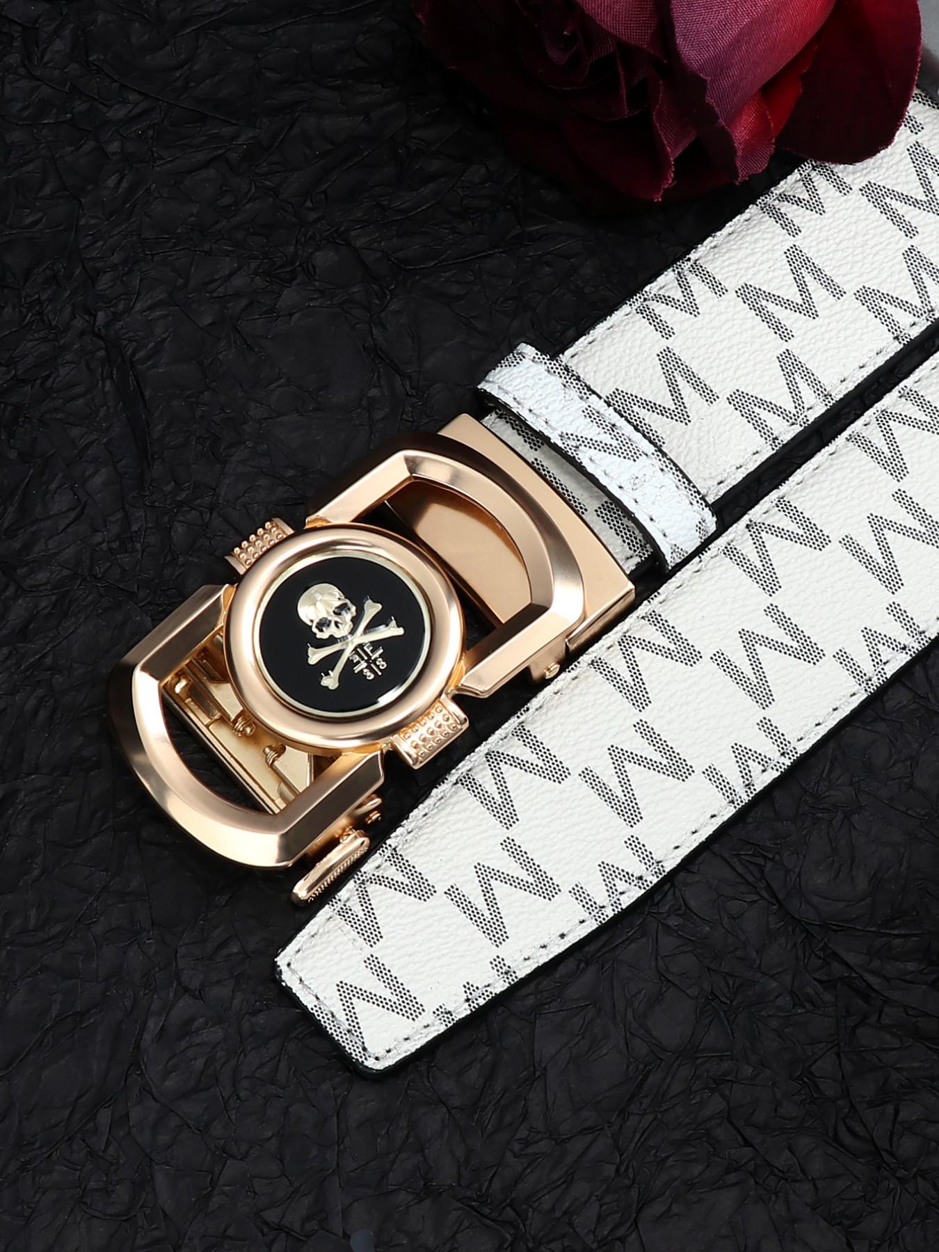 New Trendy Skull Head Automatic Buckle Belt, M Letter Printed Waistband, Men's Fashion Versatile Casual Punk Pants Belt