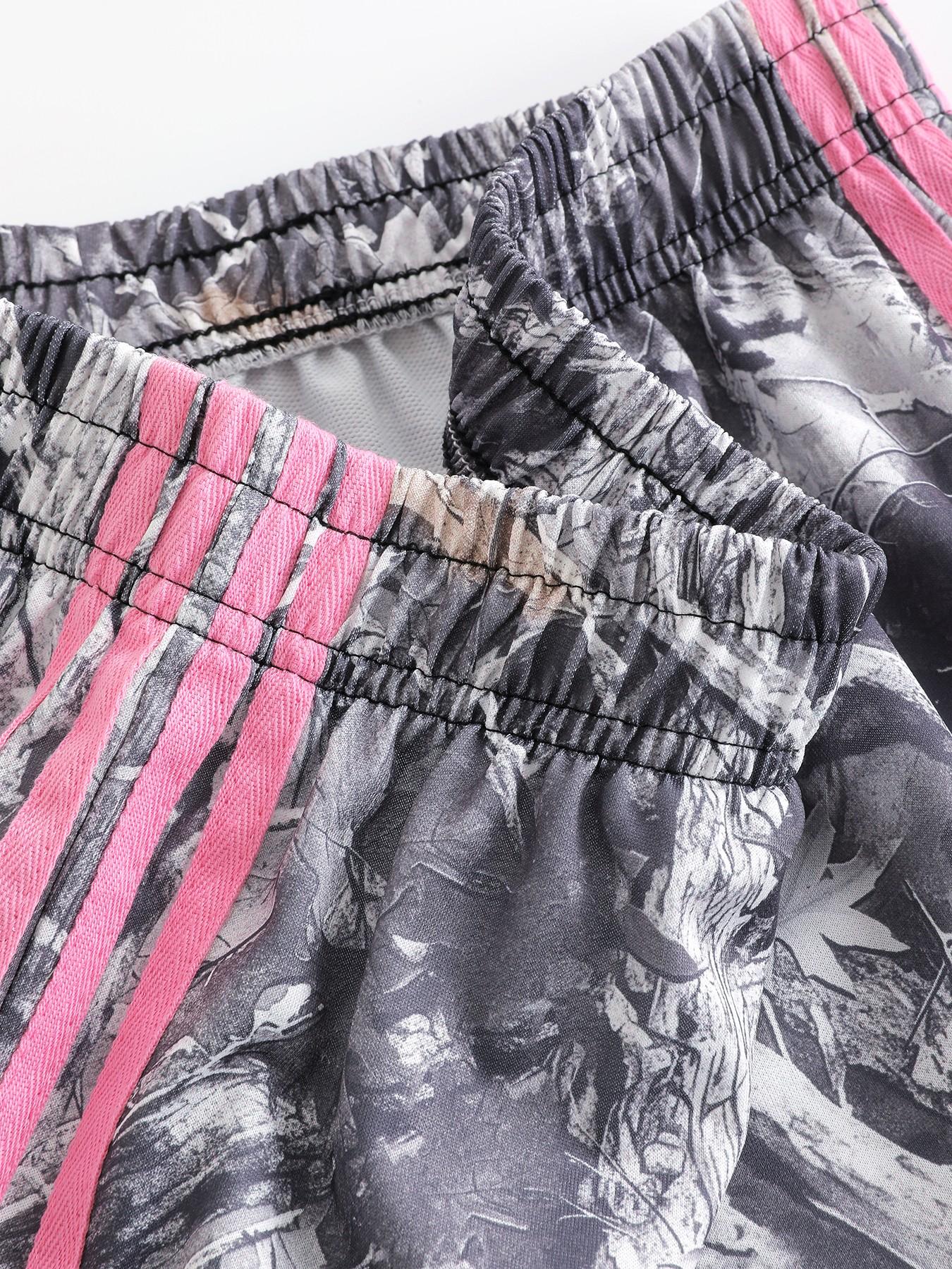Women's Summer Fashion Casual Shorts, Full Camo Print Multi-Color Options, Stylish Side Stripes, Loose-Fitting Elastic Waist Pants