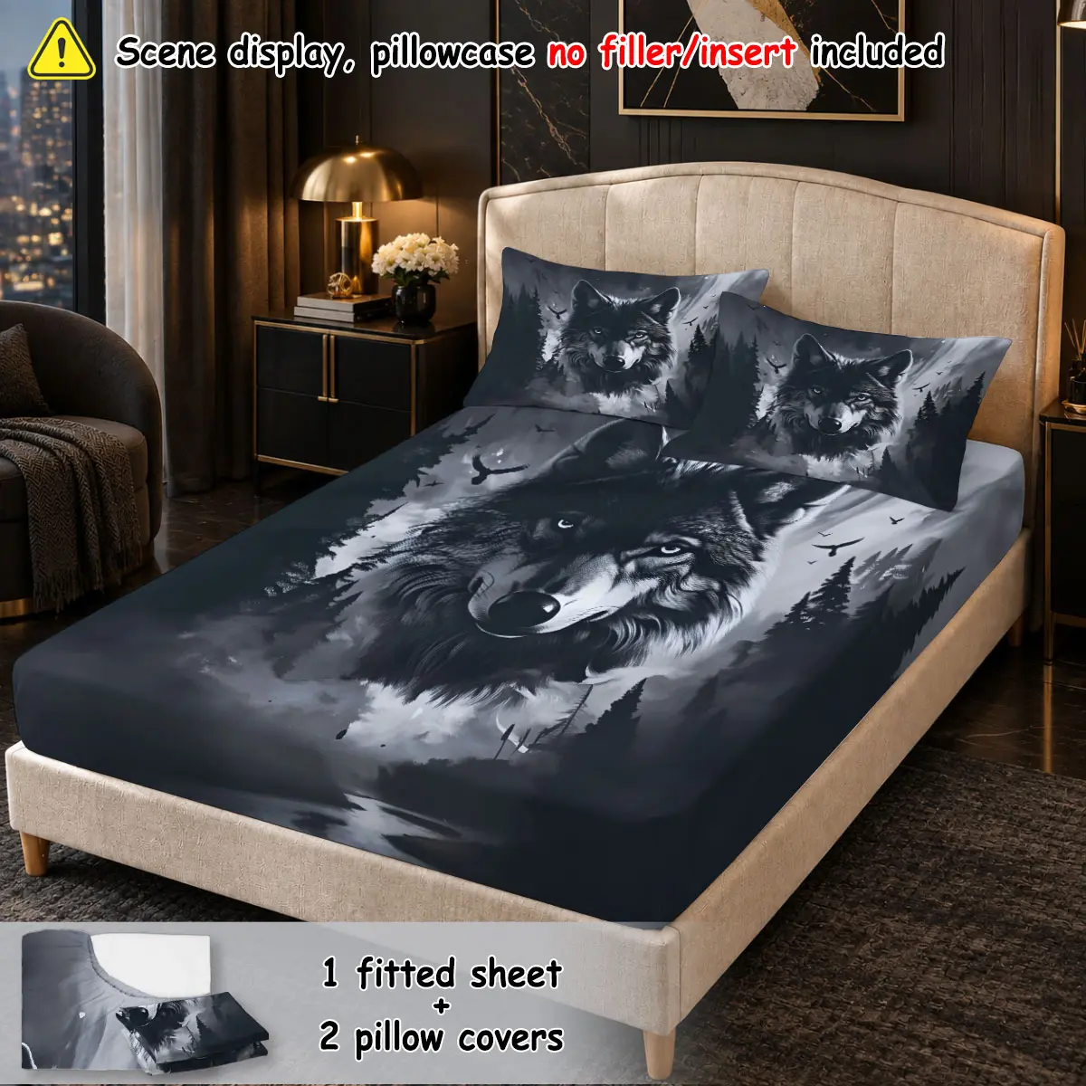 (1 fitted sheet + 2 pillowcases, no filler)Ink solemn forest wolf,Polyester fitted sheet 3-piece bedding set, machine washable, anti-shrink & anti-deform, durable bedding supplies for bedroom and dormitory
