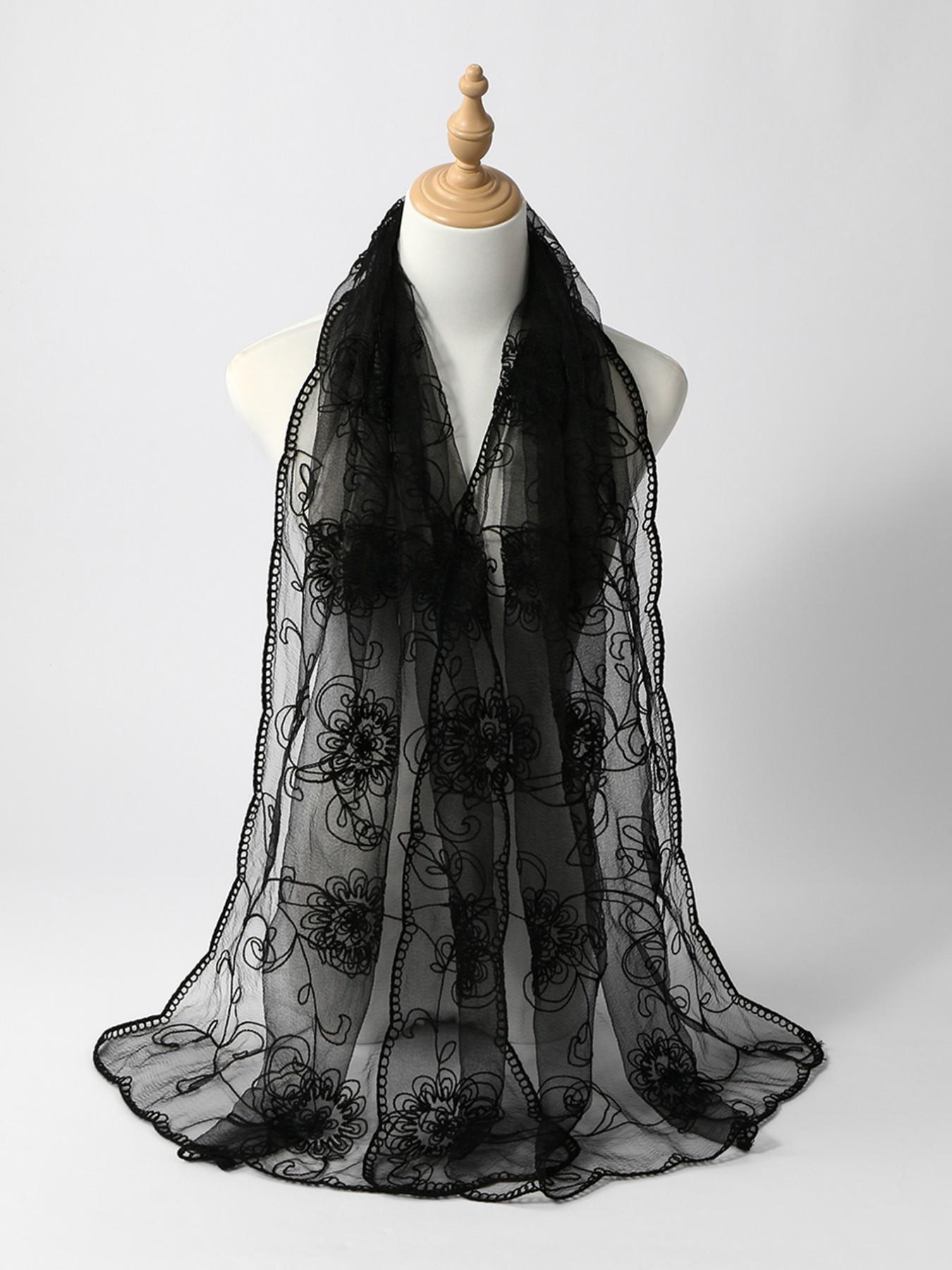 Breathable Floral Embroidered Hijab, Comfortable Summer Muslim Accessory, Lightweight Mesh Design, Ideal for Warm Weather