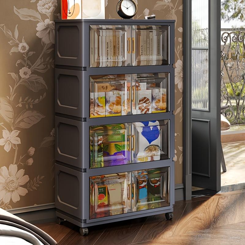 A five-tier (42.72 inches) entryway Plastic storage cabinet, Multi Layer Cabinet, featuring a large capacity with 3/4/5-tier shelving, a magnetic door design paired with silent universal wheels, making it a movable entryway storage cabinet