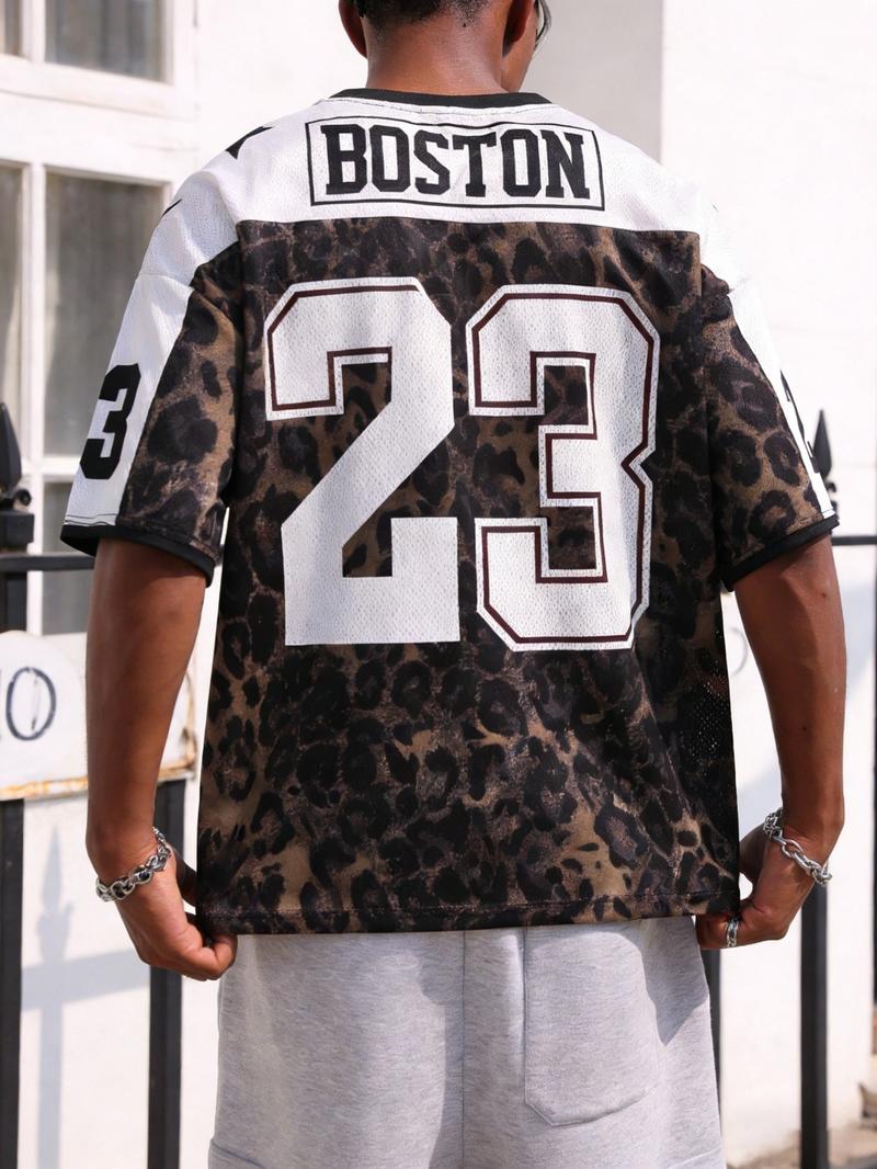 Men's Rhinestone-Embellished Leopard Print Football Jersey, Vintage Bling Style With 23 & VICTORY Logo, For Game Day And Street Fashion