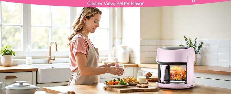 Pink Air Fryer 5QT, 8-in-1 Glass AirFryer with Visible Window, Touch Controls, Compact Design, Nonstick & Dishwasher-Safe, Easy Meal Kitchen Appliance