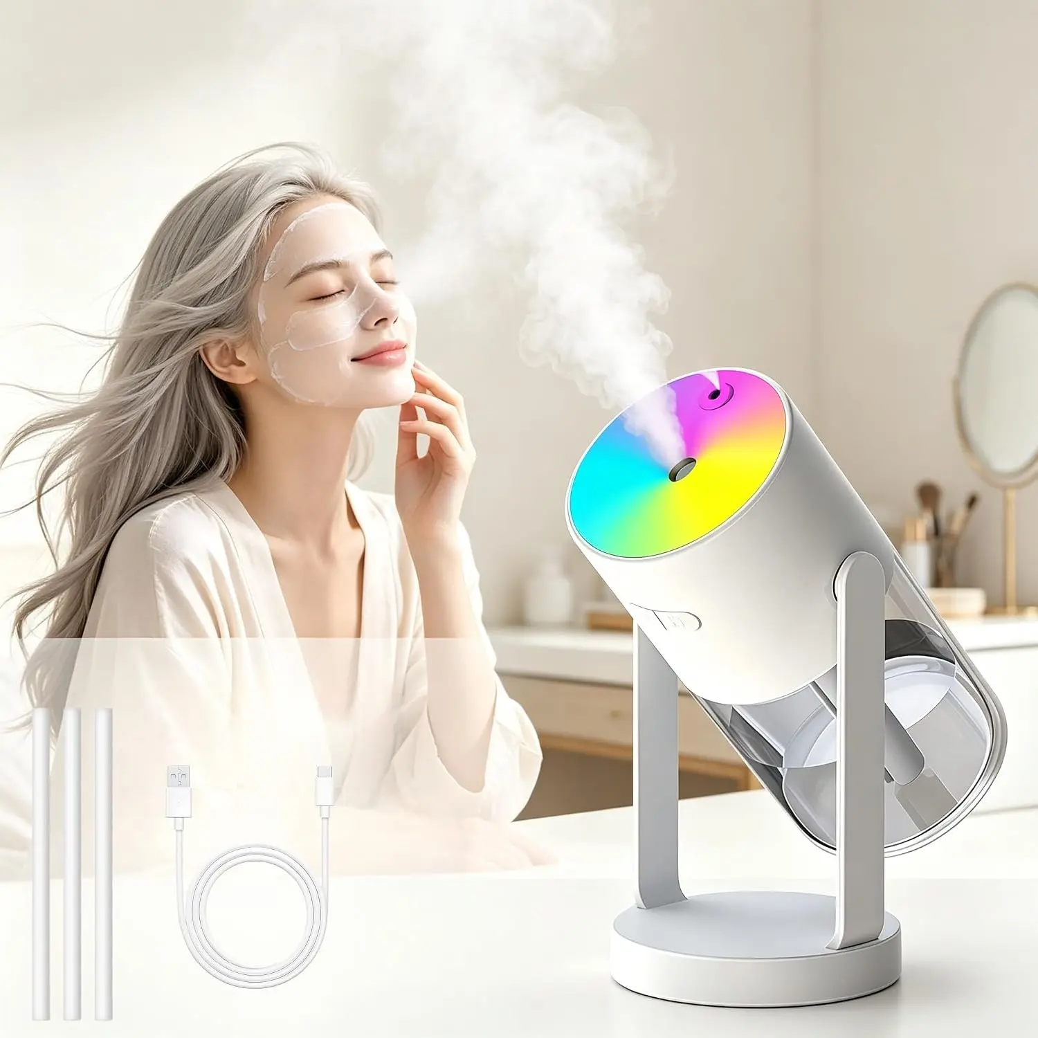 USB Humidifier for Bedroom, Desktop & Car Air Freshener, Relieves Dry Air, Cough, Nasal Congestion, Allergies and Tight Skin, Automatic Shut-Off, Silent OperationGift