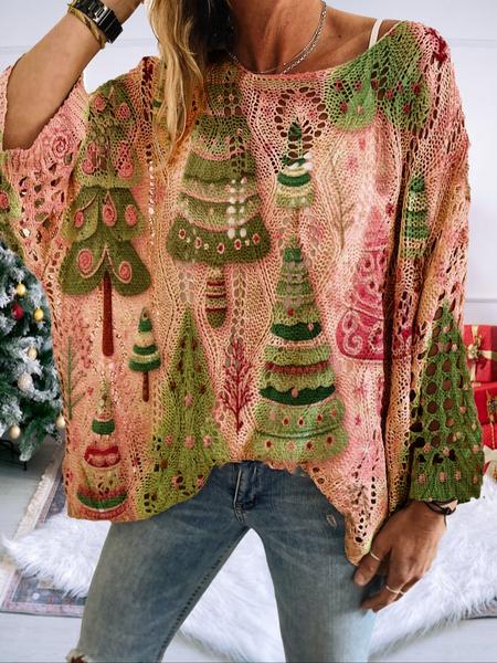 Women's Christmas Knit Hollow Out Sweater, Fall Winter Round Neck Batwing Sleeve Tree Print Long Sleeve Top, Holiday Party Casual Wear Women's Christmas Knit Hollow Out Sweater, Fall Winter Round Neck Batwing Sleeve Tree Print Long Sleeve Top, Holiday Party Casual Wear