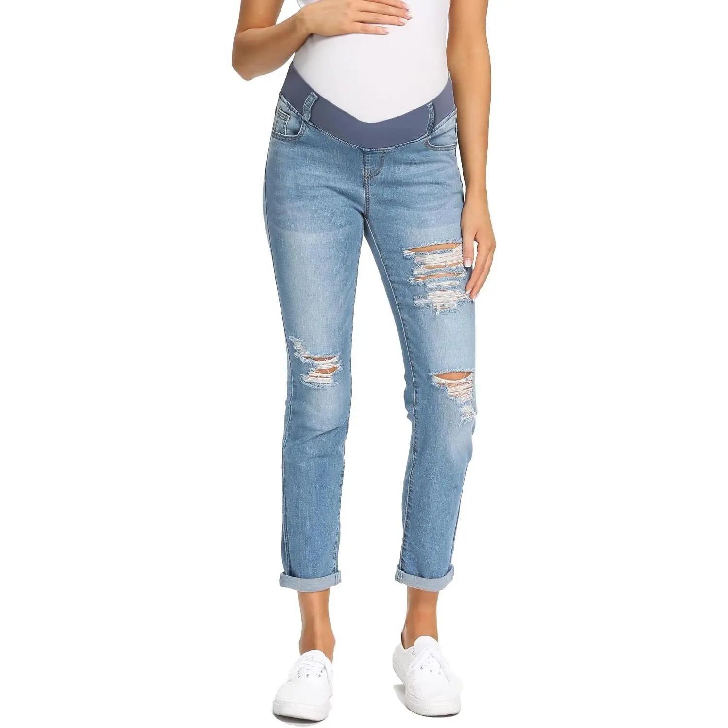 Women's Maternity Jeans Stretch Ripped Boyfriend Jeans | Under Belly, Straight Leg, Distressed, Pregnancy Denim Pants with Pockets