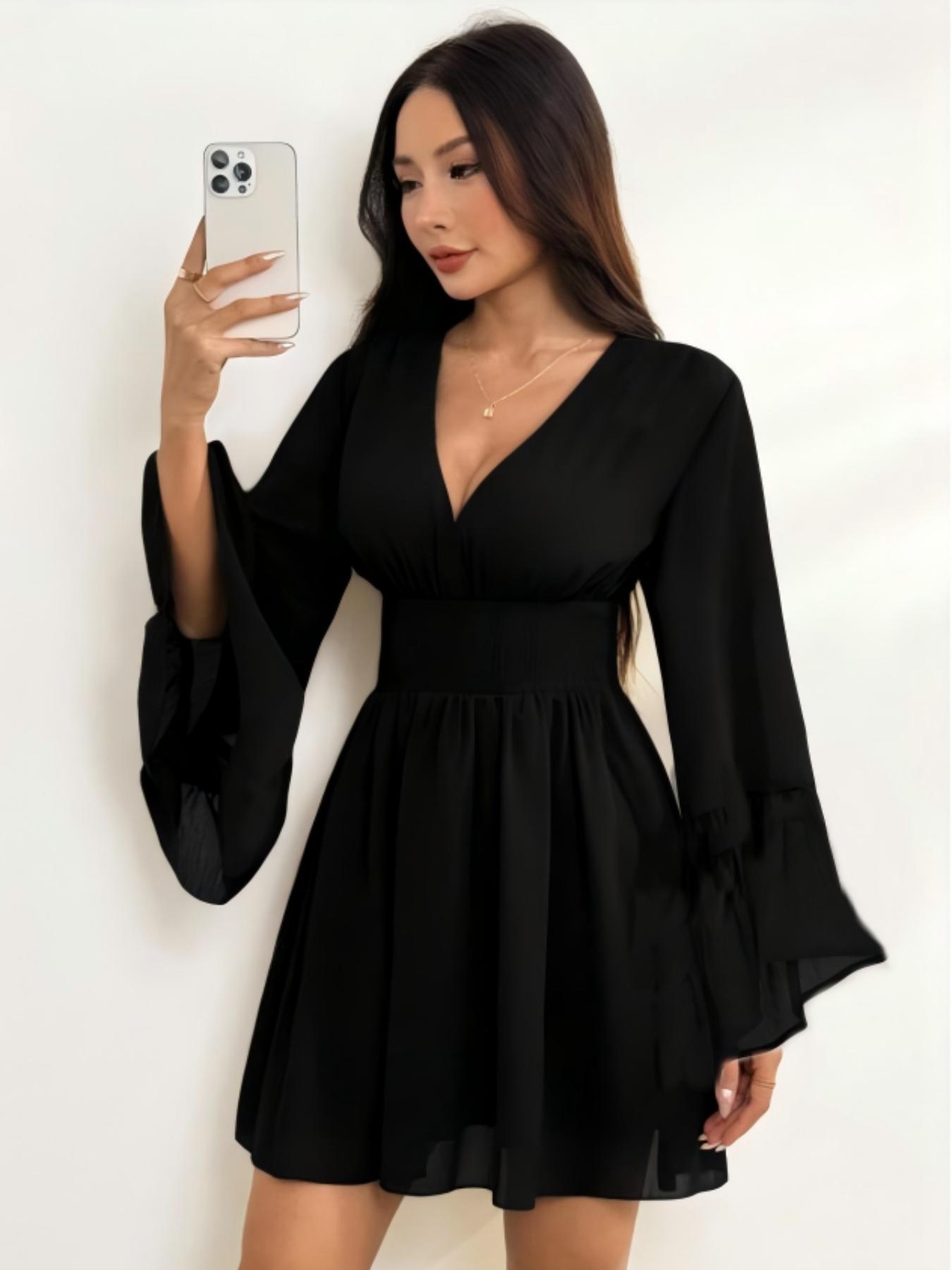 Women's Gothic Style V Neck Waist Cinched Fitted Dress, Elegant Long Sleeve Mini Dress, Autumn/winter Lantern Sleeve Dress