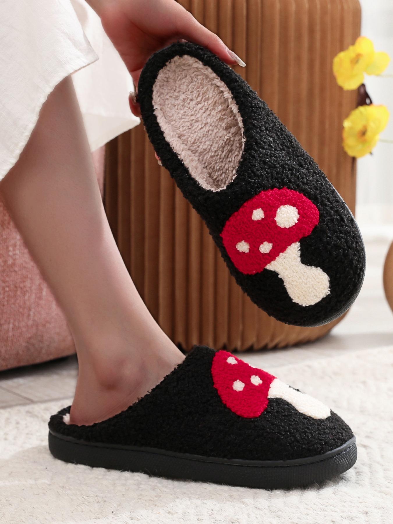 Mushroom Embroidered Plush Slippers, Creative Mushroom Design, Unisex Indoor Outdoor Warm Non-Slip Shoes, Fall Winter Gift, House Slippers