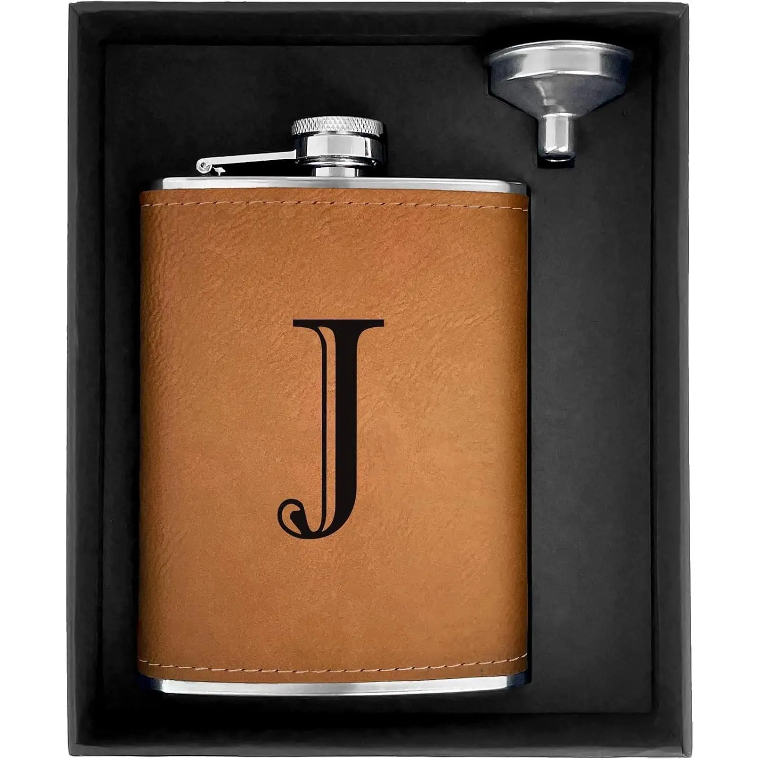Groomsmen Gifts for Men, 8 oz Leather Flasks for Liquor Initial J | Stainless Steel Hip Flask with Funnel, Engraved Personalized Gifts for Best Man Proposal, Bachelor Party, Birthday, Christmas