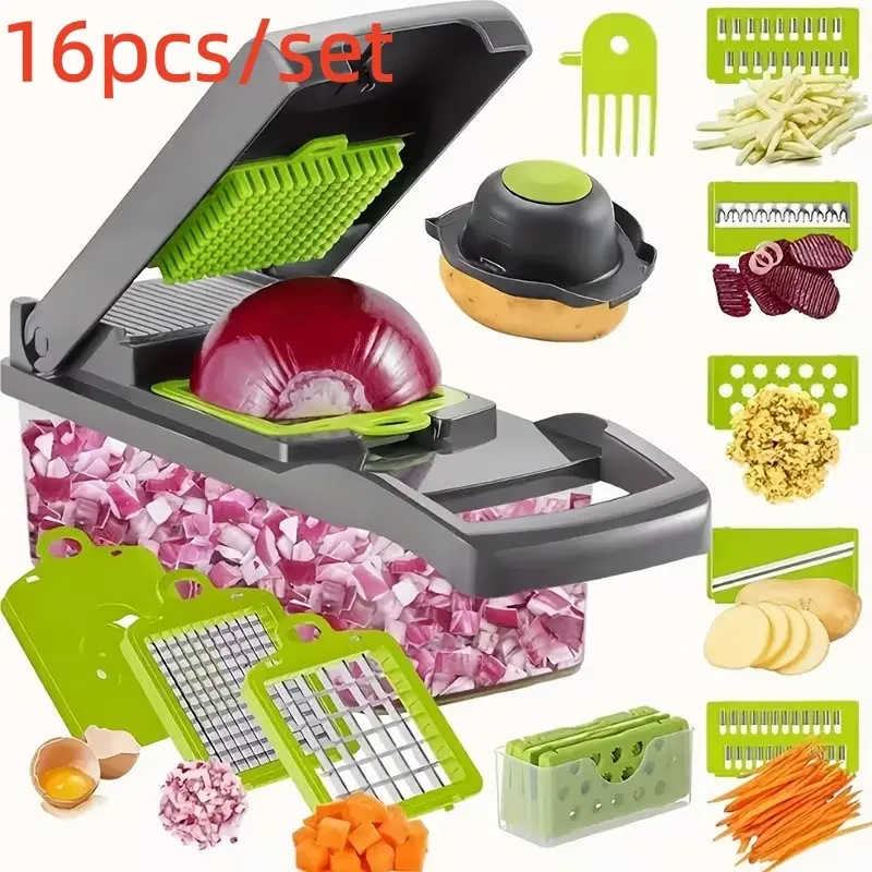 16-In-1 Manual Vegetable Chopper Set, Includes 8 Blades, Container, Peeler, Filter, Easy Meal Prep, Professional Onion Carrot Garlic Slicer, Kitchen Tools, Vegetable Slicer Shredder
