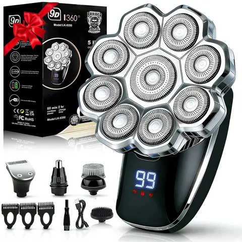 5 in 1 Electric Head Shaver for Men, Waterproof Wet/Dry Grooming Kit, Cordless Rechargeable Razor, Rechargeable Shaver Machine for Home & Travel, Shaving Products, Waterproof Portable Shaver