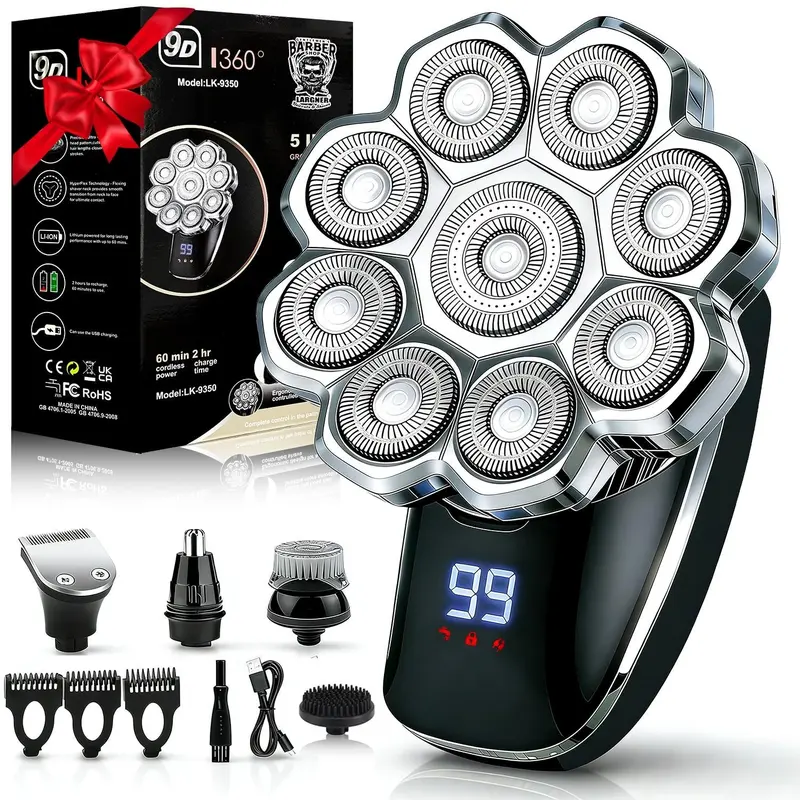5 in 1 Electric Head Shaver for Men, Waterproof Wet/Dry Grooming Kit, Cordless Rechargeable Razor, Rechargeable Shaver Machine for Home & Travel, Shaving Products, Waterproof Portable Shaver