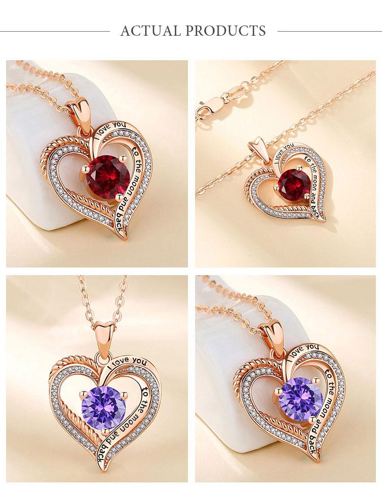 Elegant Birthstone Heart Necklace with Engraved I Love You to the Moon and Back, Rose Gold Heart Pendant, Bridesmaid & Lover Gift