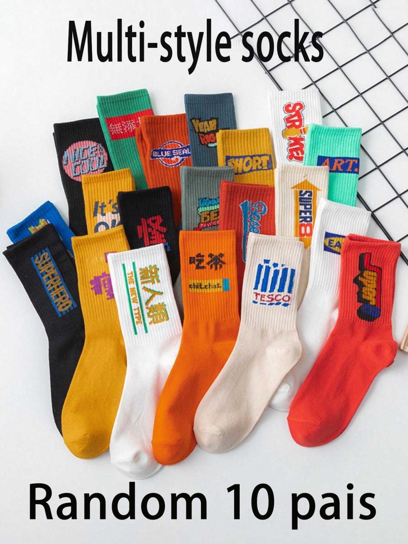 Random 10 Pairs of Trendy Street Fashion Crew Socks, Unisex Versatile Mid-Calf Socks, Casual Style for Men and Women