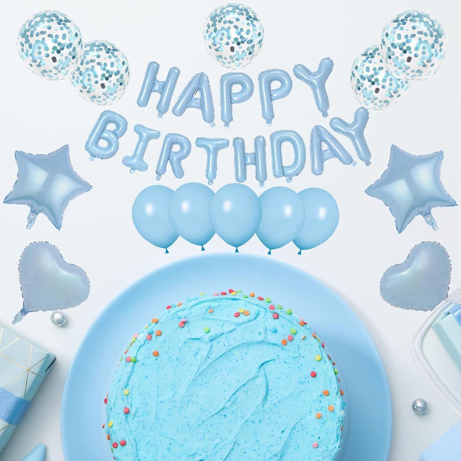 29 Pcs Light Blue Birthday Decorations, 3D Letters Light Blue Happy Birthday Balloon Banner, Pentagram Heart Foil Balloons Confetti Balloons Kit For Boys Girls Birthday Party Supplies