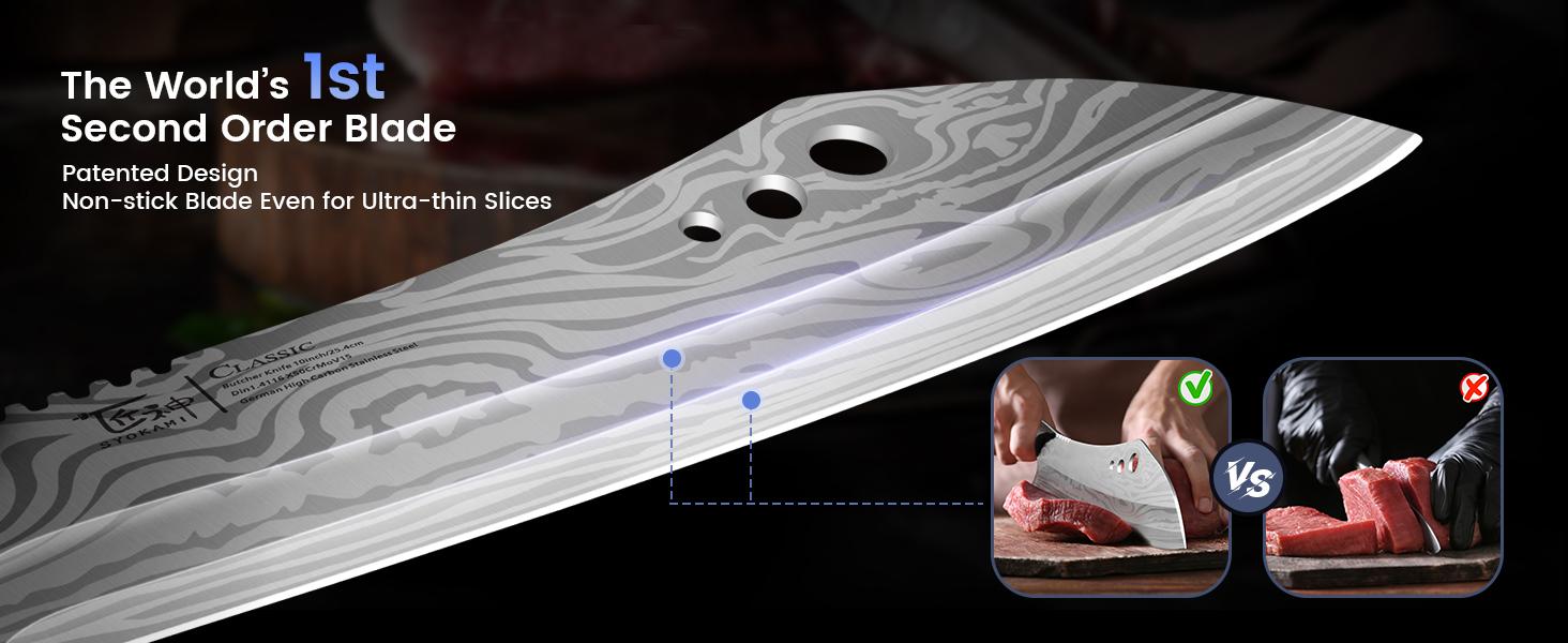 【TikTokShopSpringGlowUp】 SYOKAMI Butcher Knife, 10 Inch Meat Cleaver Chef Knife with Herb Stripper, Japanese Style High Carbon Steel Kitchen Knife for Chopping & Slicing, Damascus Pattern Full Tang Wood Handle, Christmas Mother's Day Gift