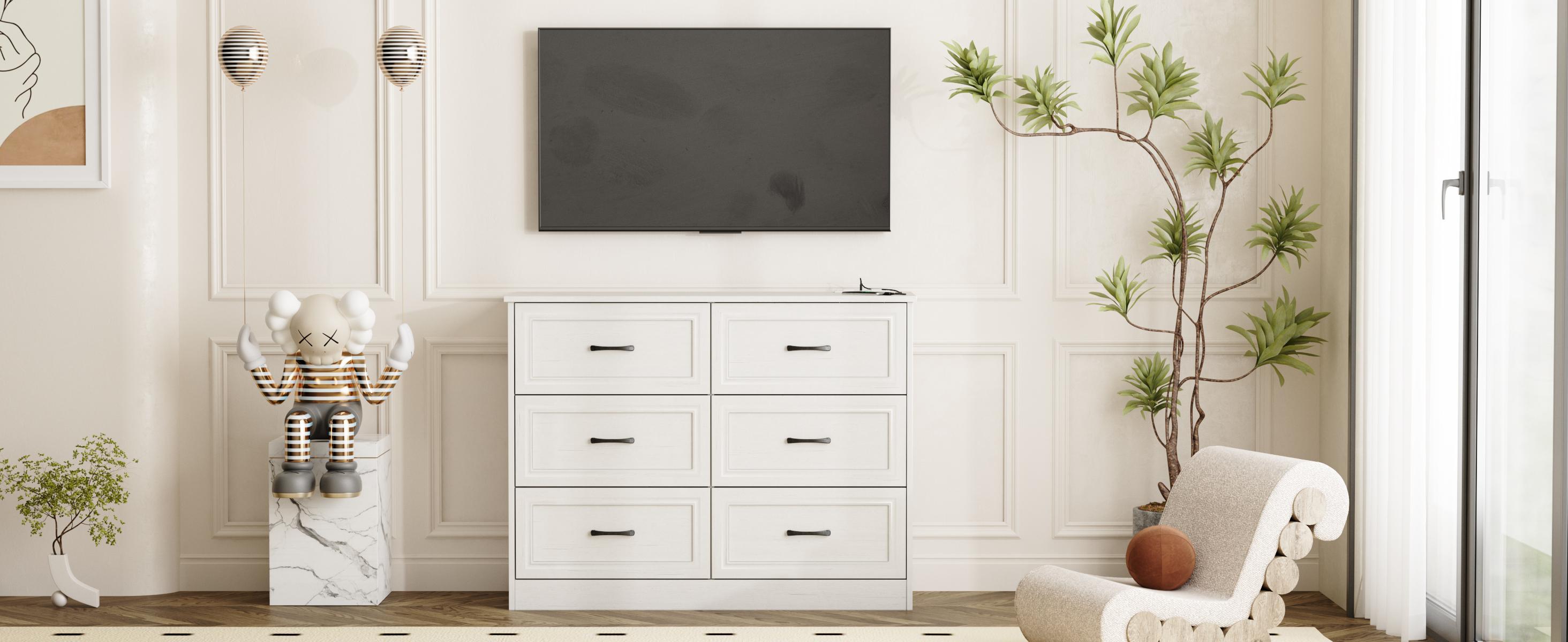 Vabches 6-Drawer Dresser for Bedroom & Hallway, Lockable Storage Cabinet with Charging Station, Modern Farmhouse Style, Sturdy Wood & Metal Handles