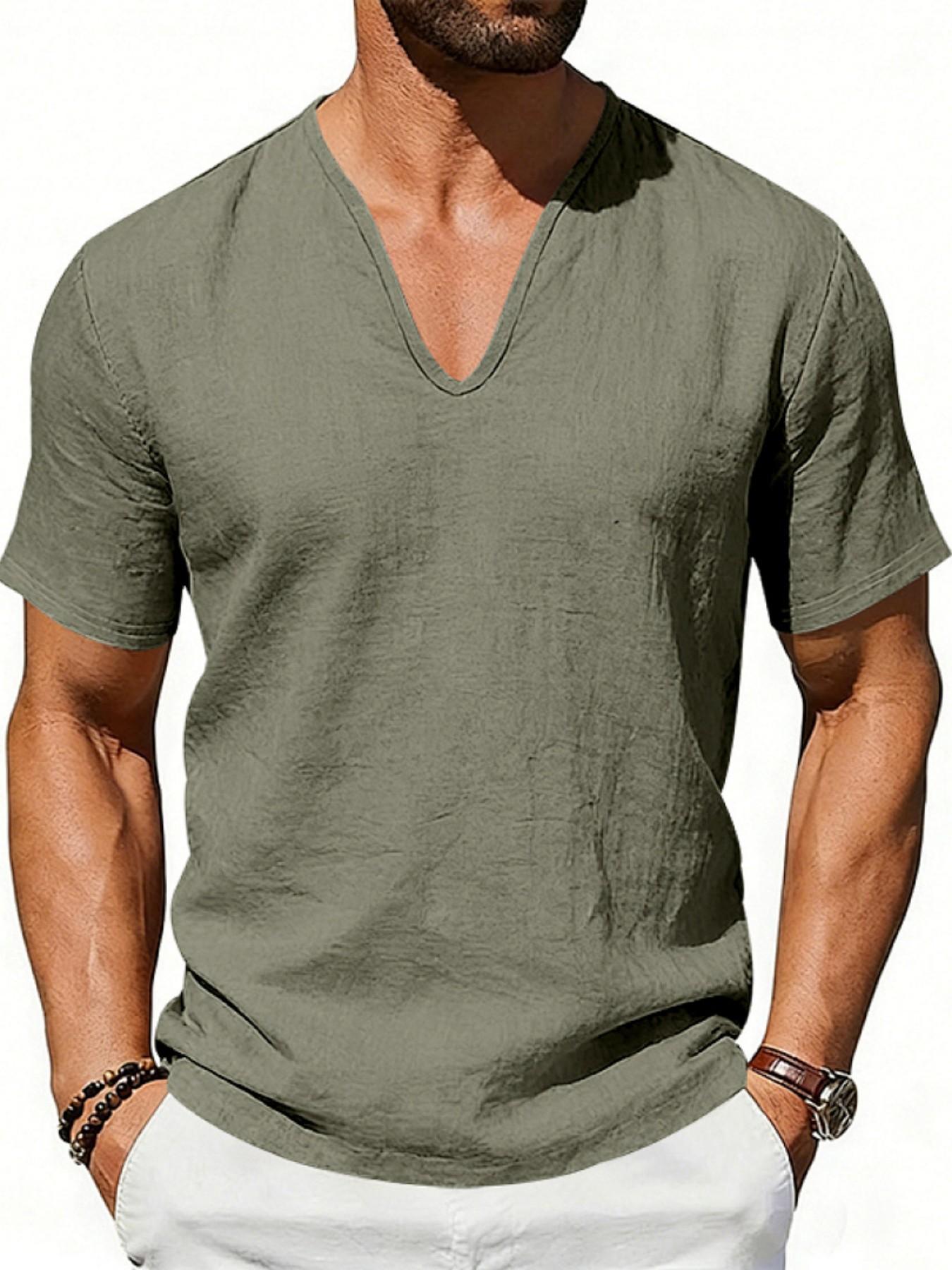 Men's Summer Loose Fit Linen T-Shirt, Breathable Deep V Design, Casual Short Sleeve Top, American Style, Cross-Border Fashion