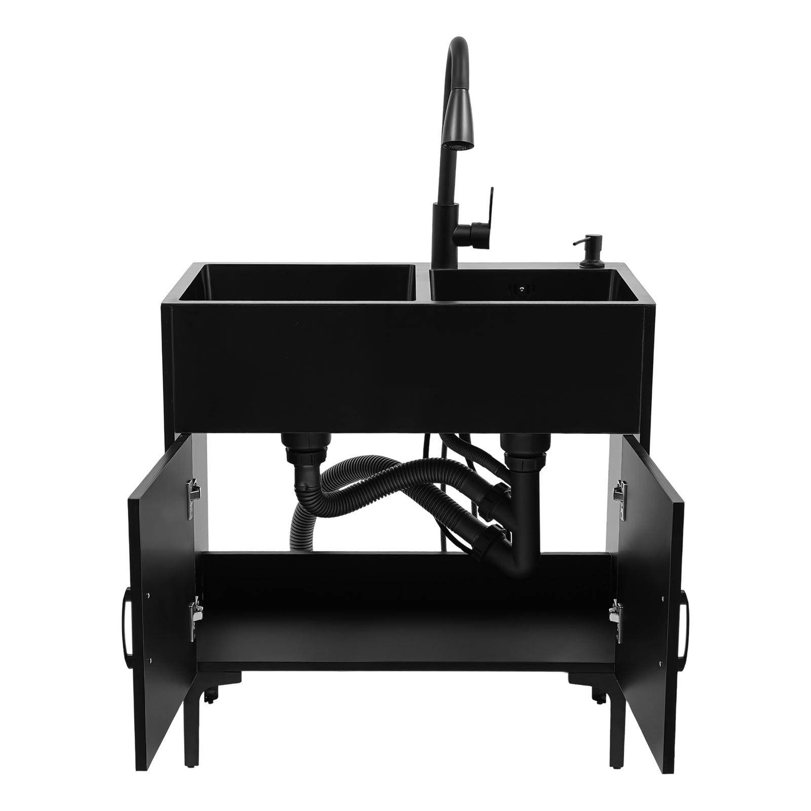 Laundry Utility Sink with Cabinet & Pull-Down Faucet Freestanding Stainless Steel Utility Sinks with 2 Doors Deluxe Bouble Kitchen Sink Wash Station Tub for Laundry & Kitchen, Bathroom(Black)