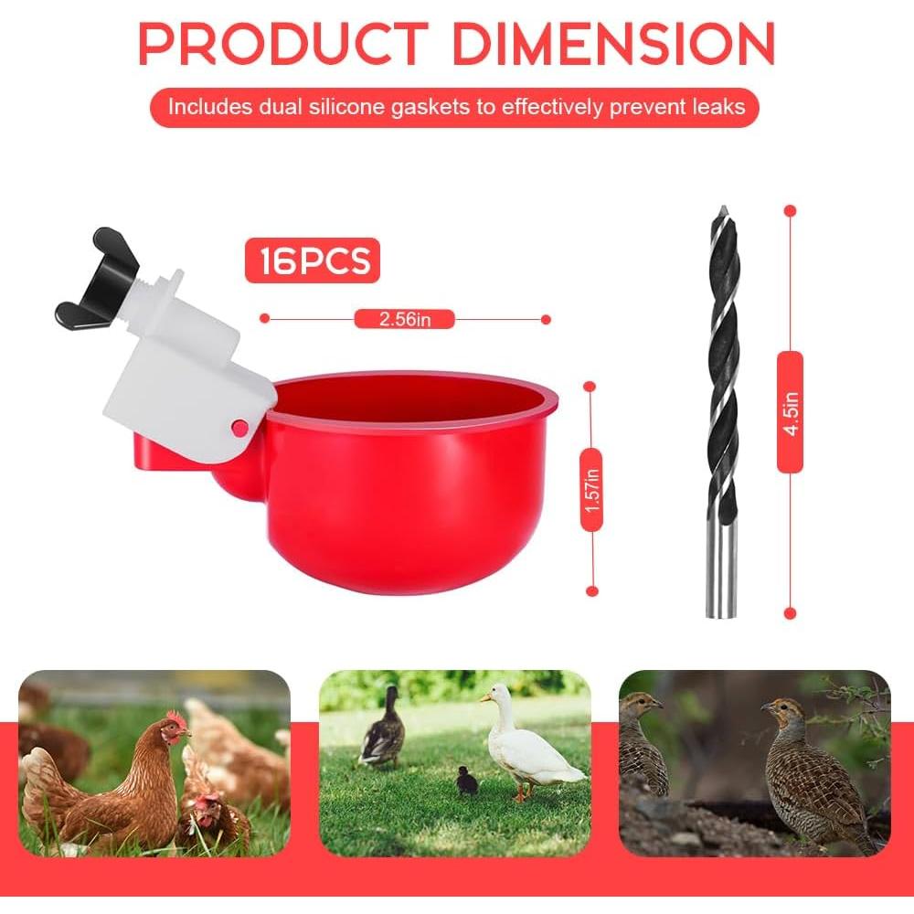 16 Pack Auto Chicken Poultry Waterer Cups Feeder for Diy Chicken Coop Automatic Watering Cup Dispenser Drinker Bebederos De Agua Para Gallinas with Mounting Hole Opener Double Leak-proof Washer