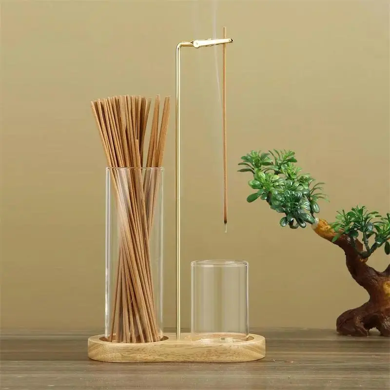 Solid Wood 2-in-1 Incense & Candle Holder - Aromatherapy Diffuser with Removable Glass Ash Collector, Natural Herbal Burner, Room Decor, Home & House Decor Gift
