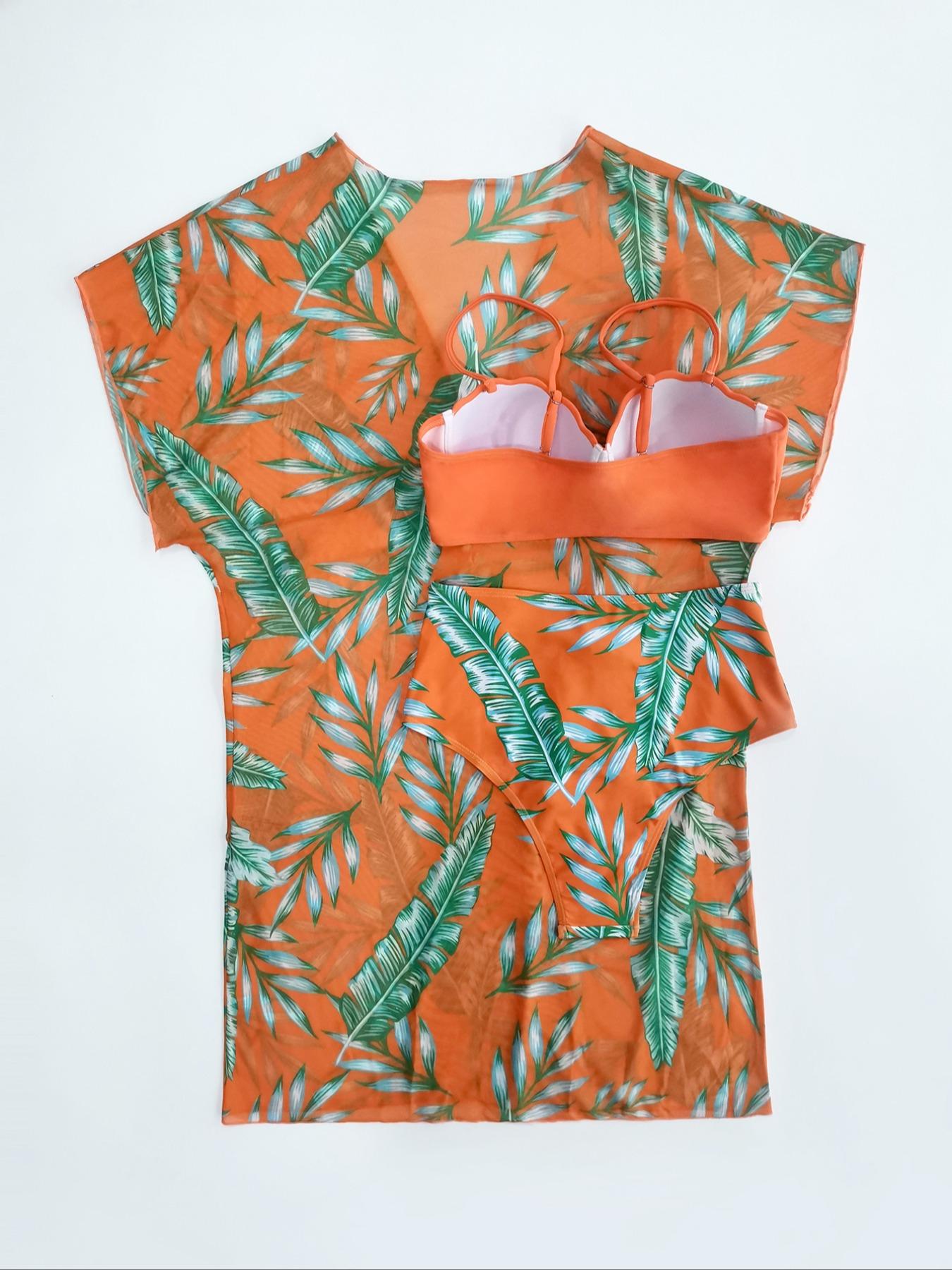 Women's Leaf Print Swimsuit Set, Boho Spaghetti Strap Push Up Swim Bikini Tops & Cover Up & High Waist Panty, Bikini Sets, Boho Style Summer Beach Swimwear Set for Women, Swimsuits Bikinis, High Waisted Bikini Sets, Tropical Print Bikinis