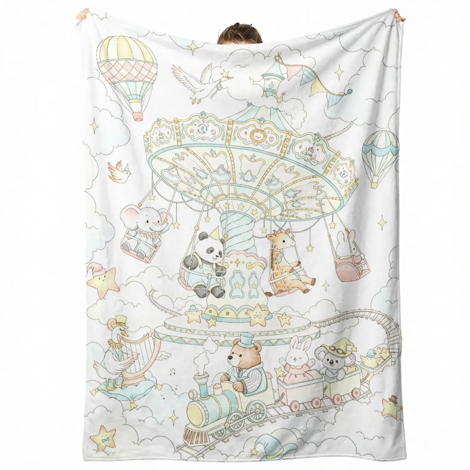 Whimsical Flannel Throw Blanket 50x60inch, Watercolor Cartoon Amusement Park Carousel Animal Hot Air Balloon Print, Fluffy Cozy Warm Flannel, Dreamy Pastel Design for Kids Playroom, Perfect Birthday Gift for Little Children