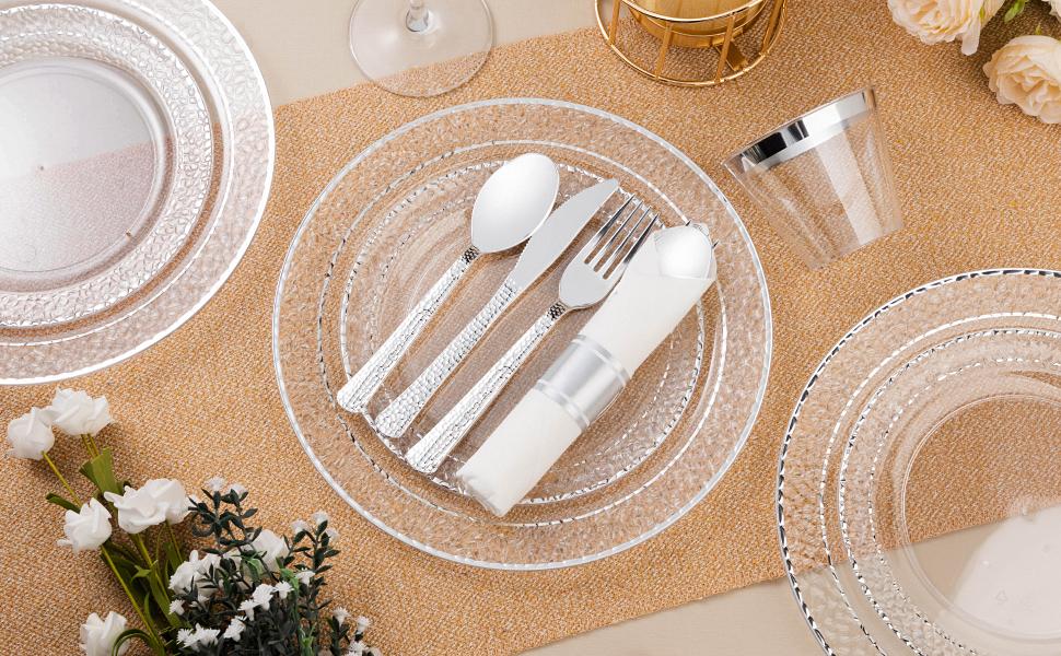 Bestluck 350PCS Clear Plastic Plates with Silver Trim Disposable Dinnerware Set for 50 Guests Includes 100 Plates 50 Napkins 50 Cups Premium Quality BPA-Free Ideal for Weddings Parties Anniversaries