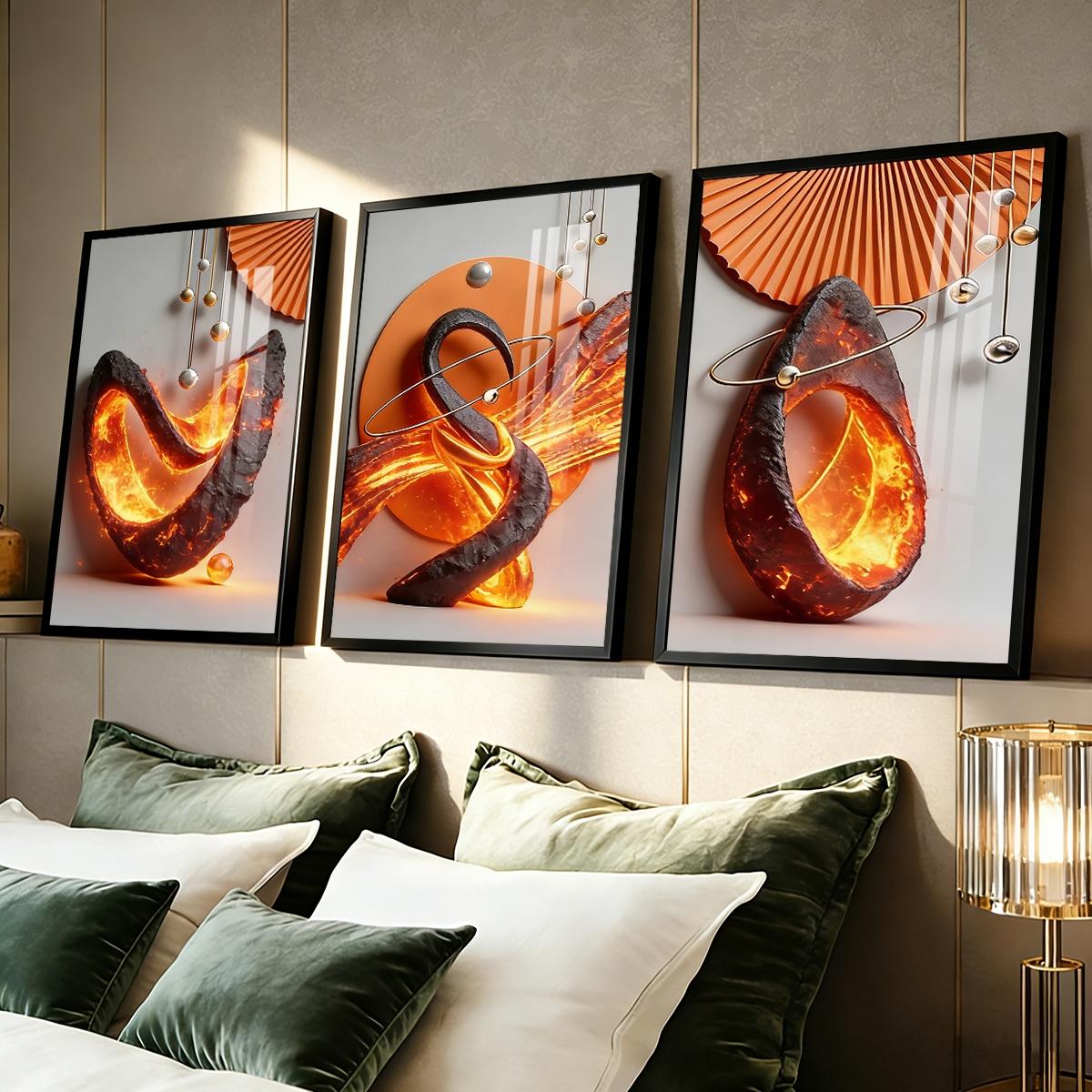 3 Counts Aluminum Alloy Framed Painting, Abstract Lava Flame Sculpture Pictures, Home Decoration For Living Room, Bedroom, Office, Restaurant, Hallway Wall Decor, Odorless Print Artwork, Luxury Perfect Gift For Friends And Family