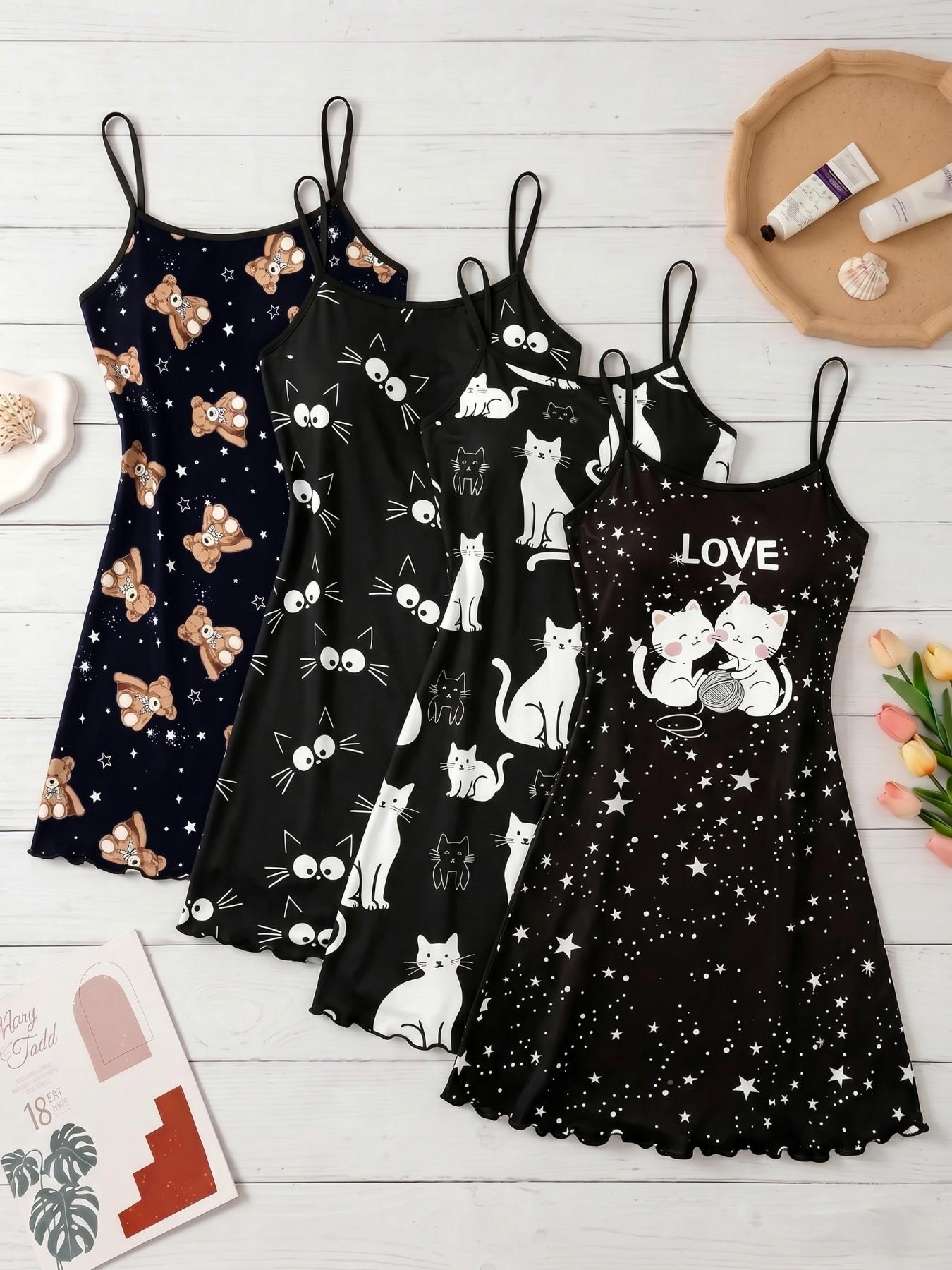 4-Pack Women's Spaghetti Strap Nightdresses, Bear & Bow All-Over Print Nightwear, Cute Loungewear for Spring & Summer