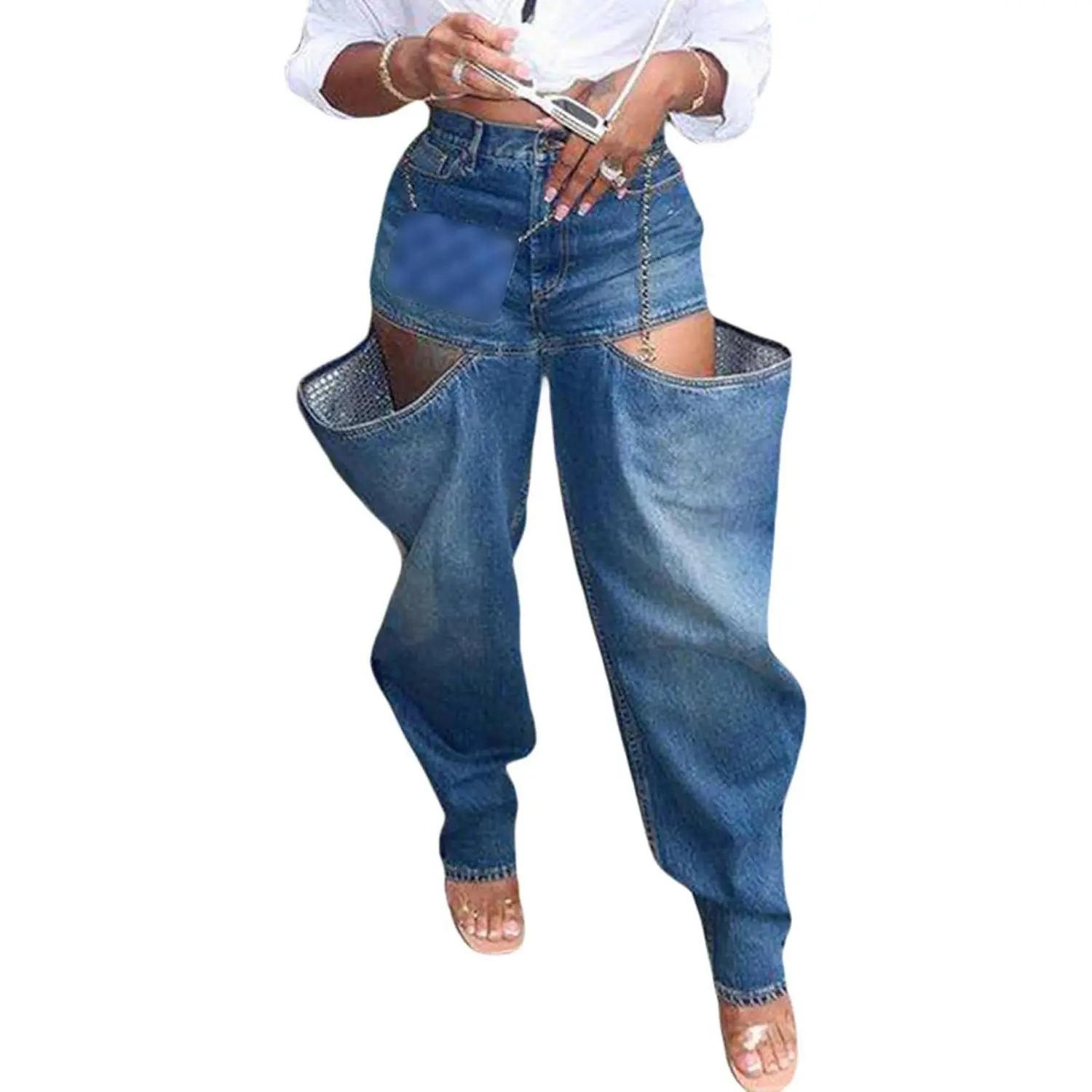 Women's Baggy Denim Jeans Patchwwork Pants High Cutout Straight Wide Leg Stretchy Ripped Pants Y2K Streetwear