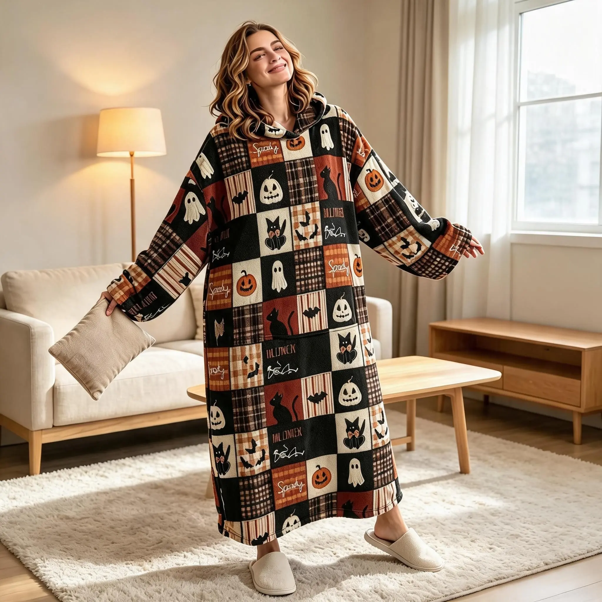 1pc Hooded Wearable Blanket with Pockets, American Vintage Halloween Patchwork Print, Soft Warm Lazy Blanket, Sofa Office Nap Gift