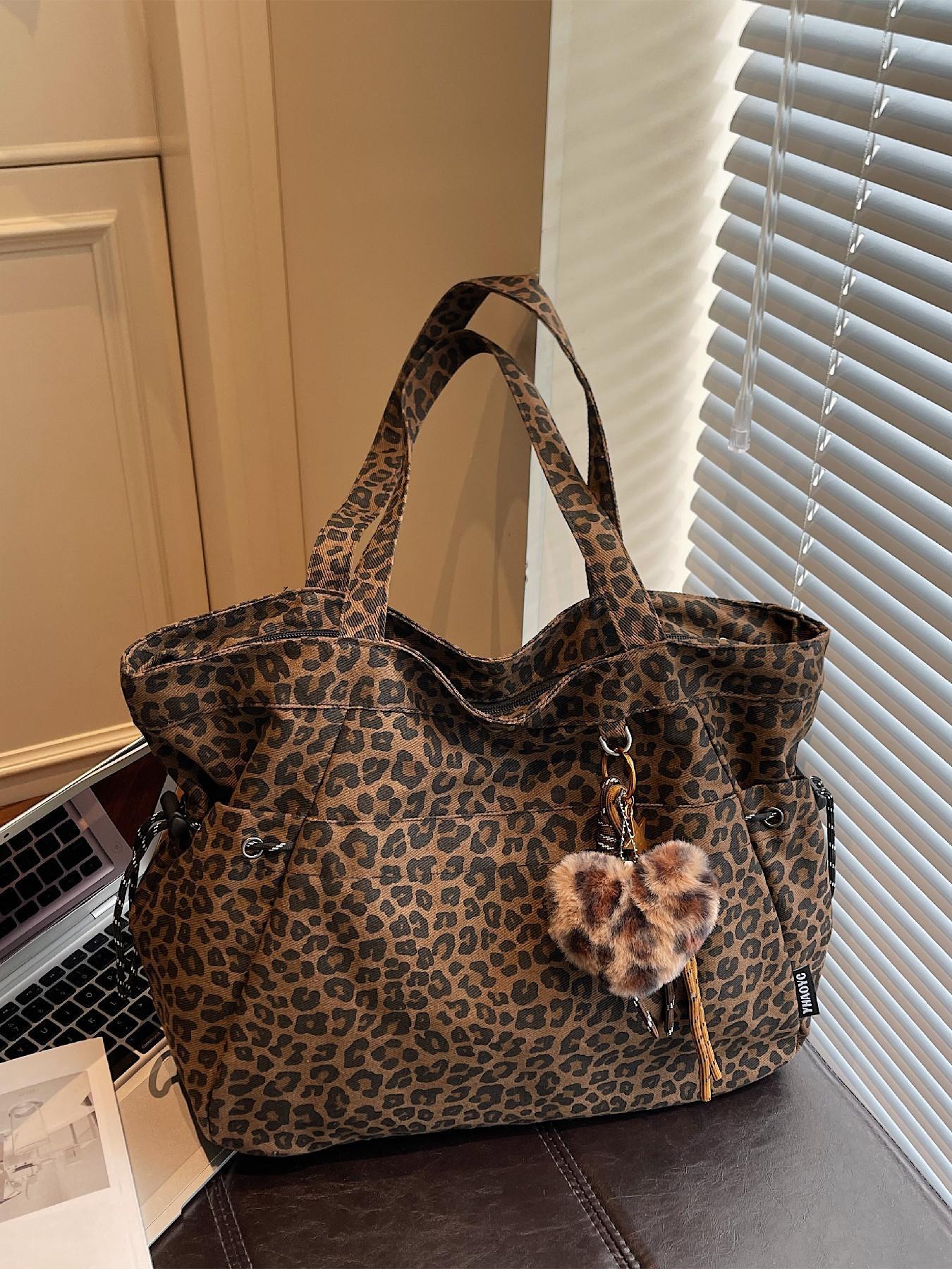 Women's Leopard Print Tote Bag, Cute Plush Charm Shoulder Purse with Large Capacity Design, Trendy Y2K Aesthetic Crossbody Handbag with Adjustable Strap, Fashion Animal Print Everyday Carry Bag for Work, Shopping, Travel, College & Casual Outfits