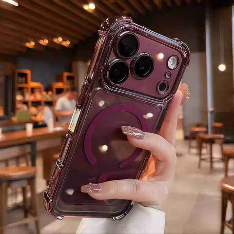 Burgundy 6D Plating Magnetic Silicone TPU Shell for iPhone 18, 17 Pro Models - Transparent Hard Smartphone Cover, Airbag Shockproof Protection, Wireless-Friendly iPhone Series Accessory