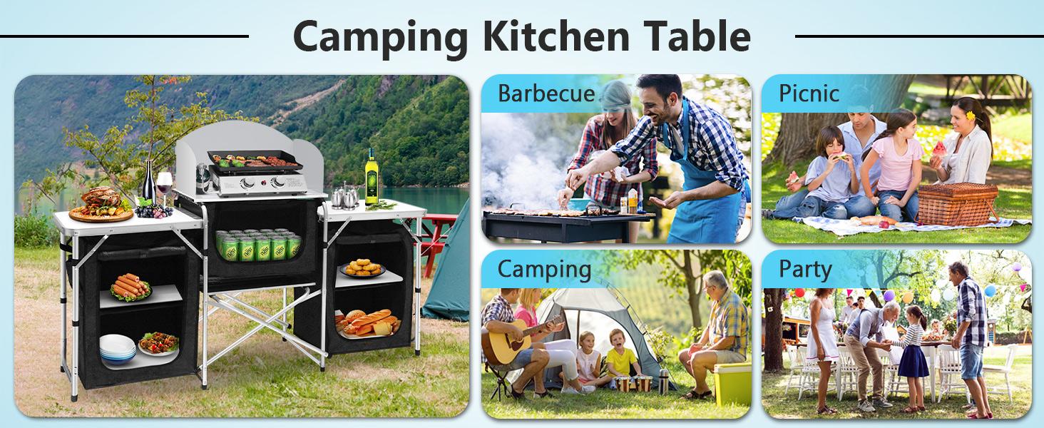 Slendor Camping Kitchen Table Foldable Camp Table with Windscreen 3 Storage Cupboards Multifunctional Portable for BBQ Party Picnics Outdoor Activities