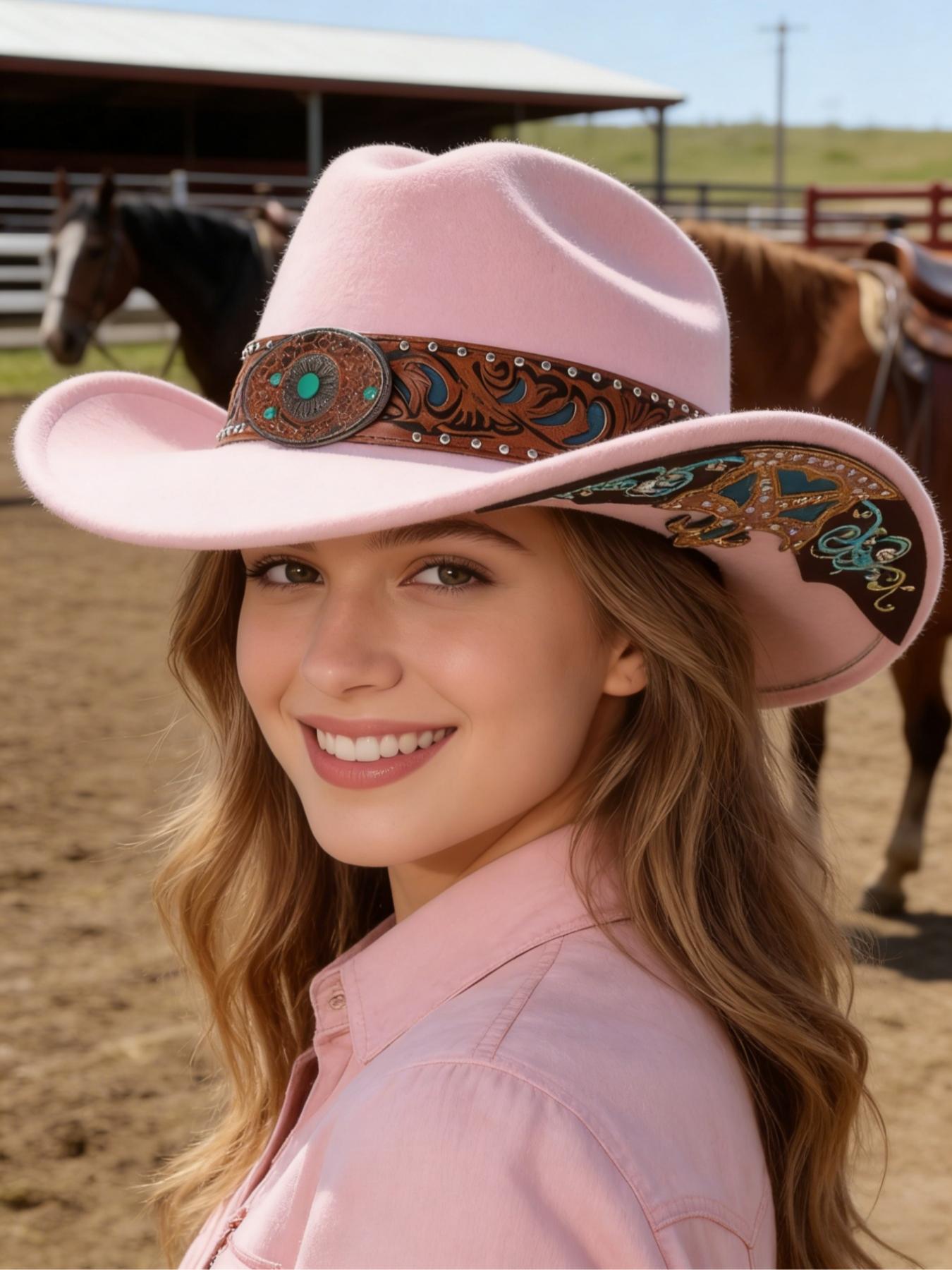 1PC Unisex Western Cowboy Hat, Large Brim Sun Protection, High-End Decorative Band, 57cm Head Circumference, Coffee Color,Pink，White，Black，Orange color，Red