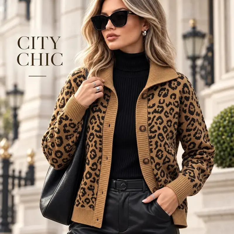 Women Leopard Print Cardigan Sweater Button Front Knit Jacket Long Sleeve Collared Cardigan Casual Oversized Loose Fit Sweater Coat Trendy Animal Print Outerwear Vintage Streetwear Fashion Tops Fall Winter Clothing Basic Chic