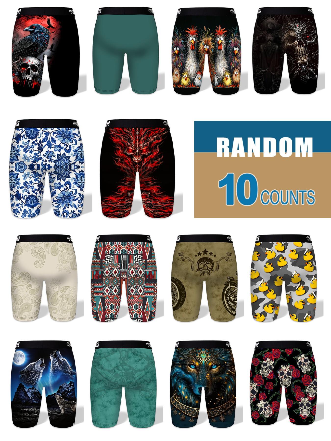 RANDOM 10PCS,Men's Long Athletic Stretchy Casual Boxer Briefs Set, Moisture-Wicking, Anti-Chafing, Quick-Dry, Halloween Skull Wolf Motorcycle Design Print, Comfortable Fit