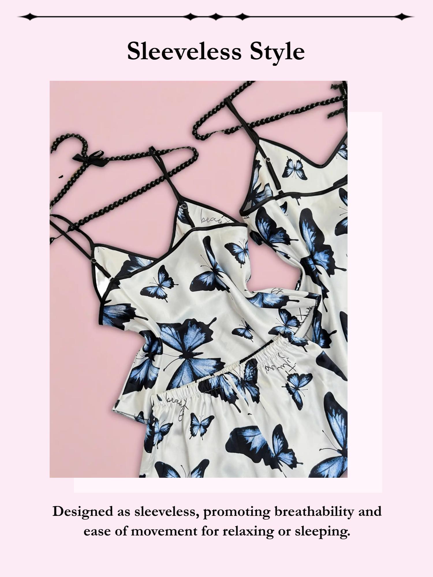 Women's Butterfly Print Strap Sleepwear Set, Comfortable Fashion Design, Perfect for Casual Wear, Ladies' Nightgown & Pajama Suit