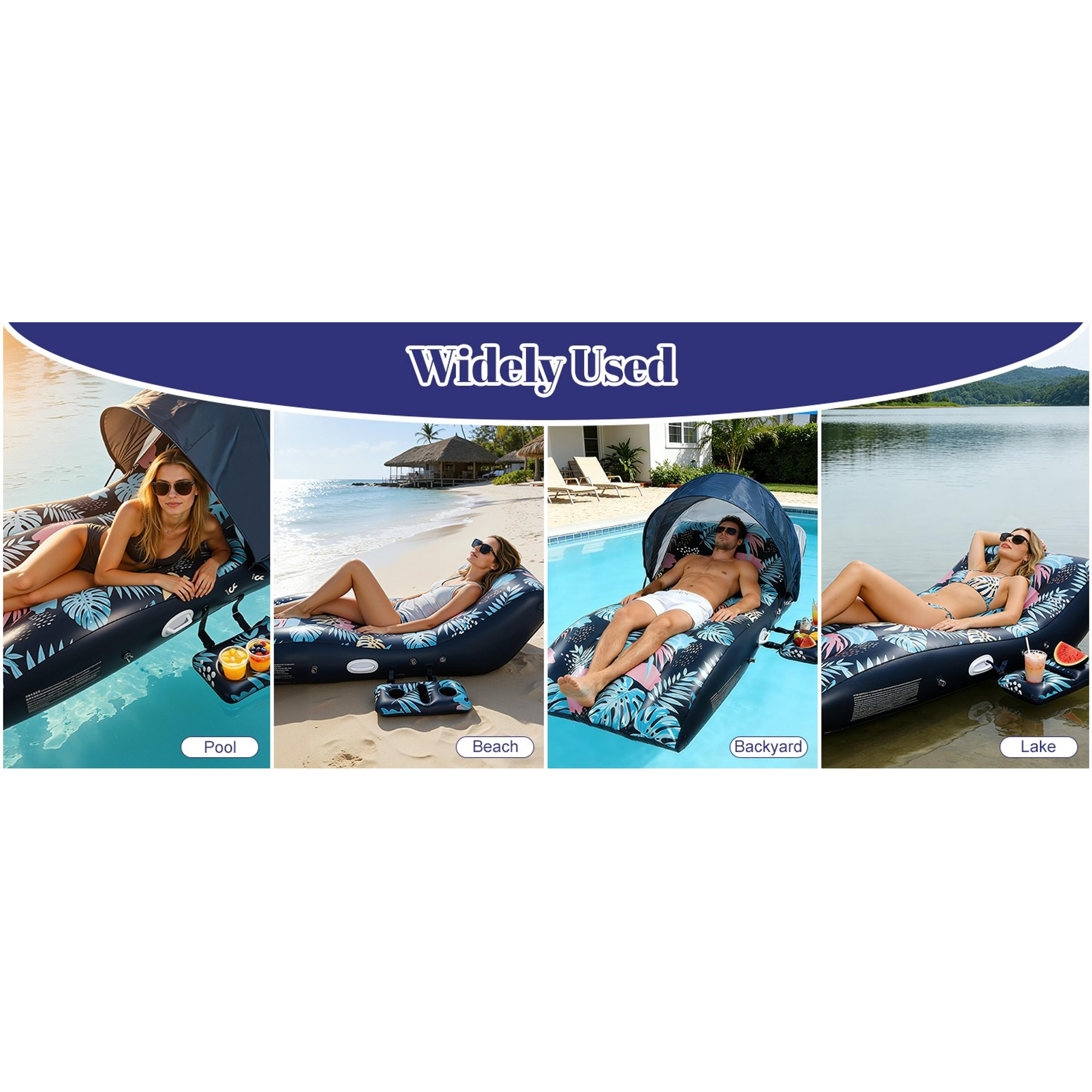 Large-Size Inflatable Floating Chair with UPF50+ Adjustable Canopy, Ergonomic Design, Cup Holder, Ideal for Swimming Pool, Beach