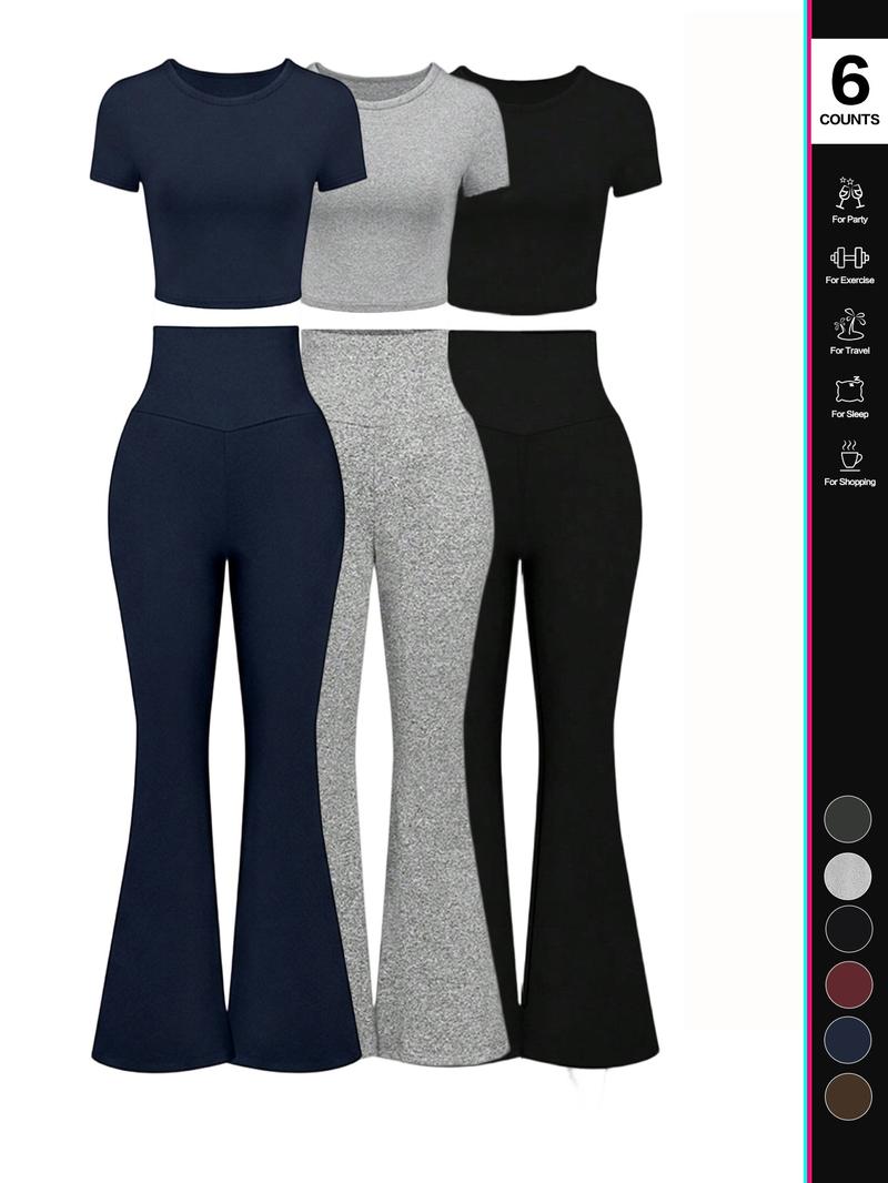 Women's Solid Loungewear Set, Casual Short Sleeve Crop Top & High Waist Flare Leg Pants, Ladies Sleepwear for All Seasons, Pajama Set