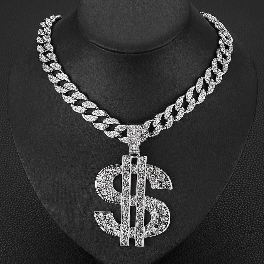 Dollar sign necklace, exaggerated full diamond dollar pendant, unisex personalized trendy hip-hop long necklace