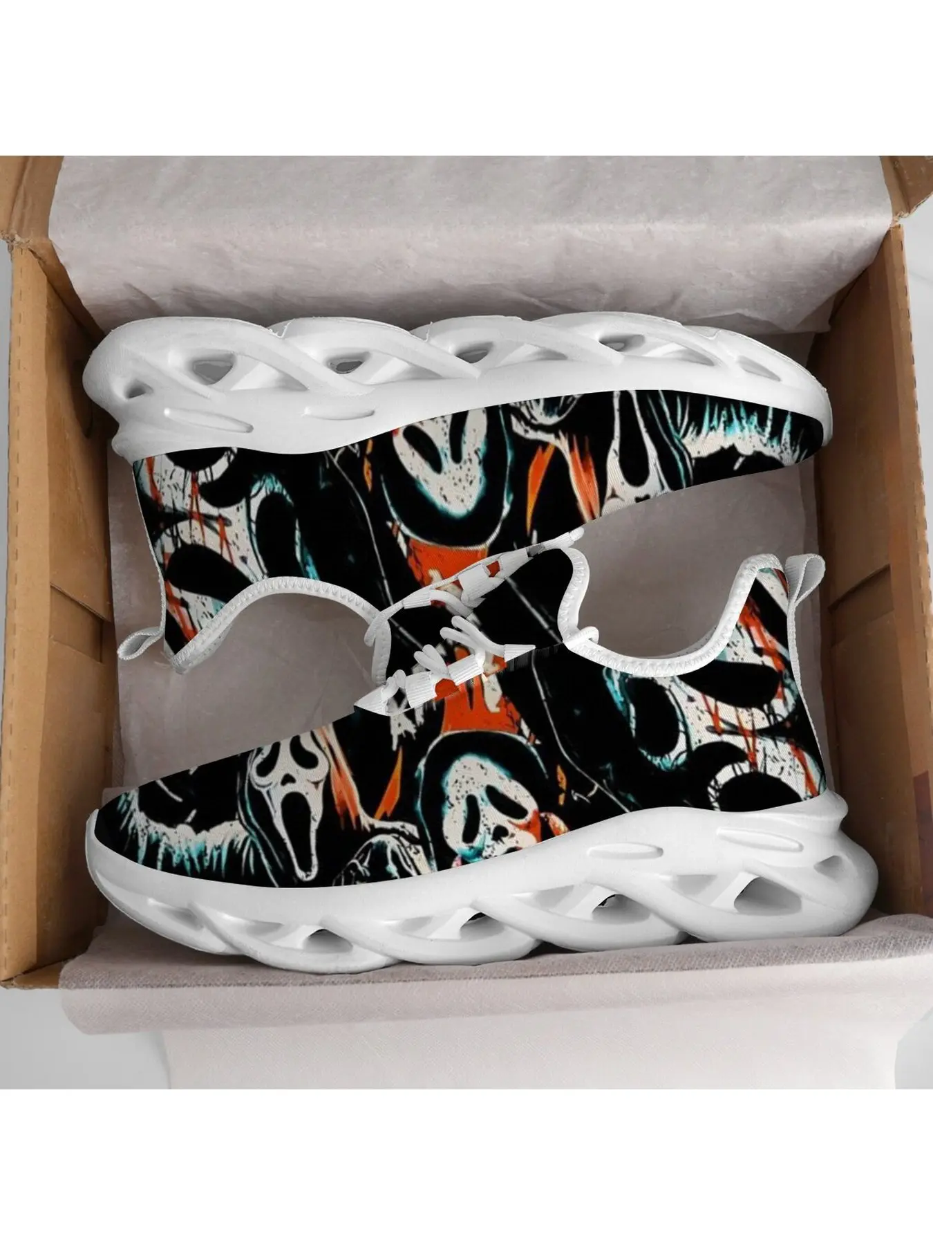 Dark Grunge Horror Mask Abstract Blade Sneakers, White Hollow Wave Cushion Sole Mesh Running Shoes, Vintage Blood Splash Scary Ghost Face Art Print Halloween Punk Street Casual Trainers For Men Women
