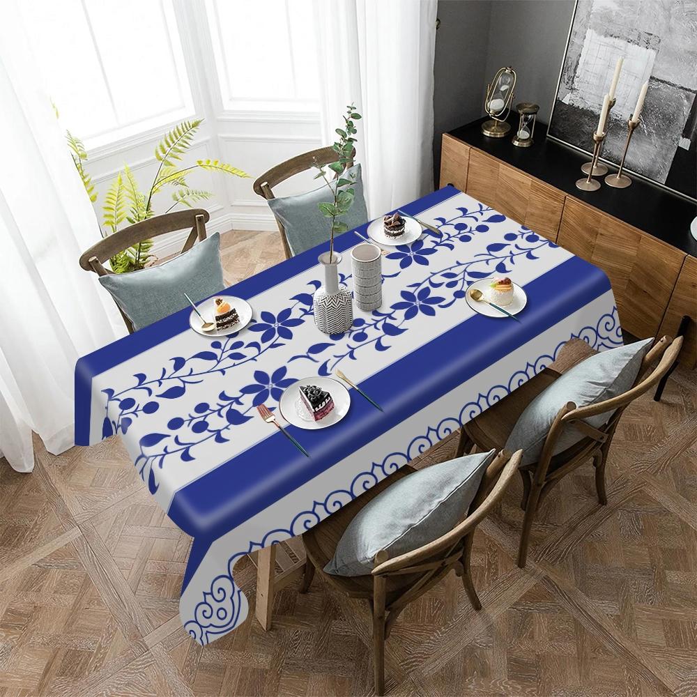 JIT 1pc 2D flat modern blue floral pattern rectangular tablecloth for dining table, kitchen, living room, and dining room, kitchen accessory, party, room & outdoor decorative tablecloth, a tablecloth gift for friends