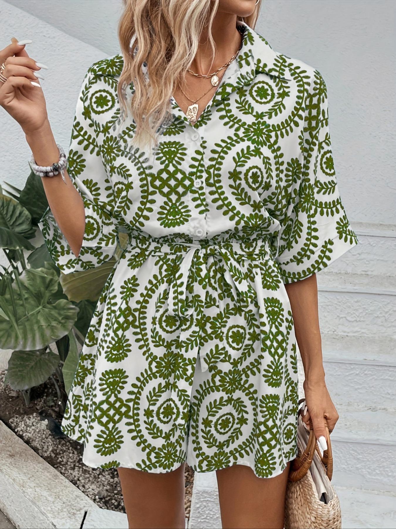 Women's All Over Print Button Front Belted Shirt Romper, Casual Batwing Sleeve Collared Playsuit for Summer, Women's Clothes for Daily Wear