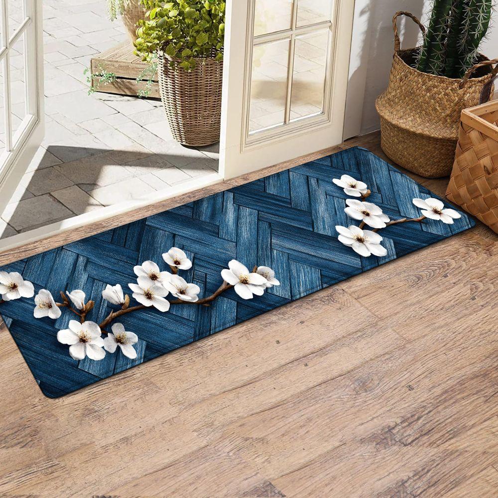 1PC， Blue and White Magnolia Branch Pattern strip rugs, home décor, bathroom mats, entryway mats, bathroom non-slip mats, indoor entrance rugs, bedroom bedside mats, kitchen mats, hallway rugs, flannel sponge rugs, hallway runner rugs