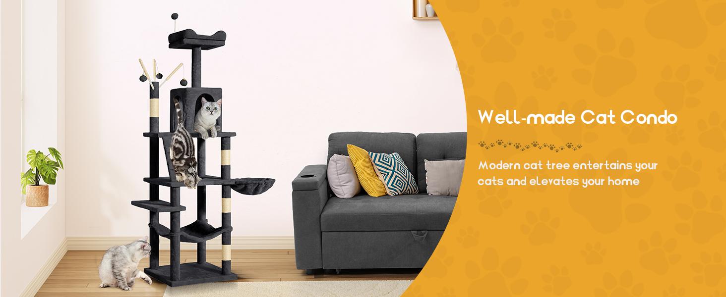 Yitahome 64.5" Cat Tree, Multi-Level Cat House, Large Cat Condo Furniture with Perch Hammock, Scratching Posts and Dangling Balls for Cats and Pets Yitahome 64.5" Cat Tree, Multi-Level Cat House, Large Cat Condo Furniture with Perch Hammock, Scratching Posts and Dangling Balls for Cats and Pets