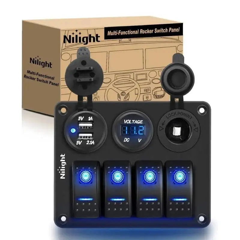 Nilight 4-Gang On Off Control Aluminum Rocker Switch Panel - Waterproof IP65, 3.1A Dual USB Charging Socket, 12V Lighter Power, Voltage Meter, 132pcs Night Glow Stickers, 1x DIY Sticker, 4x Fixing Screws for Camper, DIY Projects