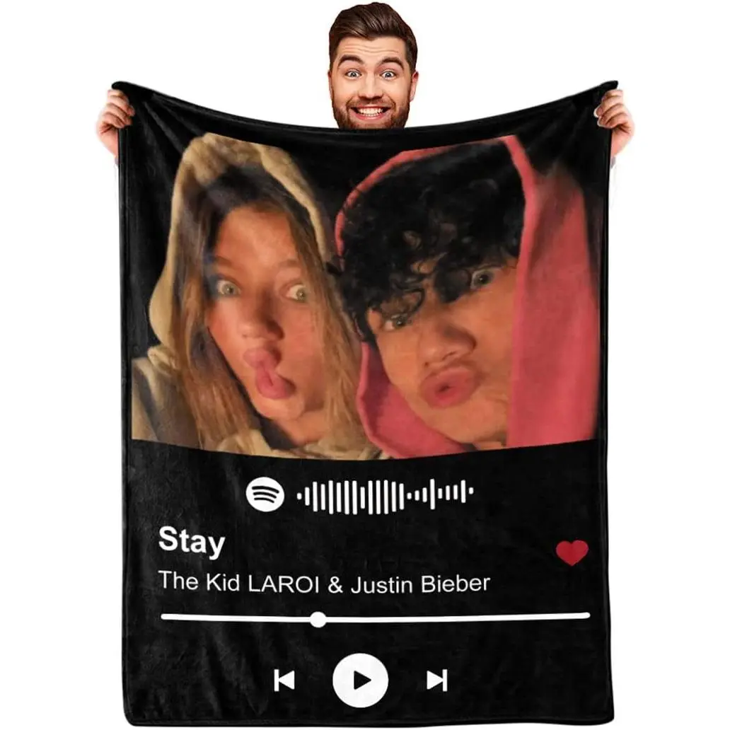 Customized Spotify Code Music Photo Blanket Customized for Boyfriend and Girlfriend Gifts, Personalized Picture Blankets Wife Birthday Photo Gifts for Women Men