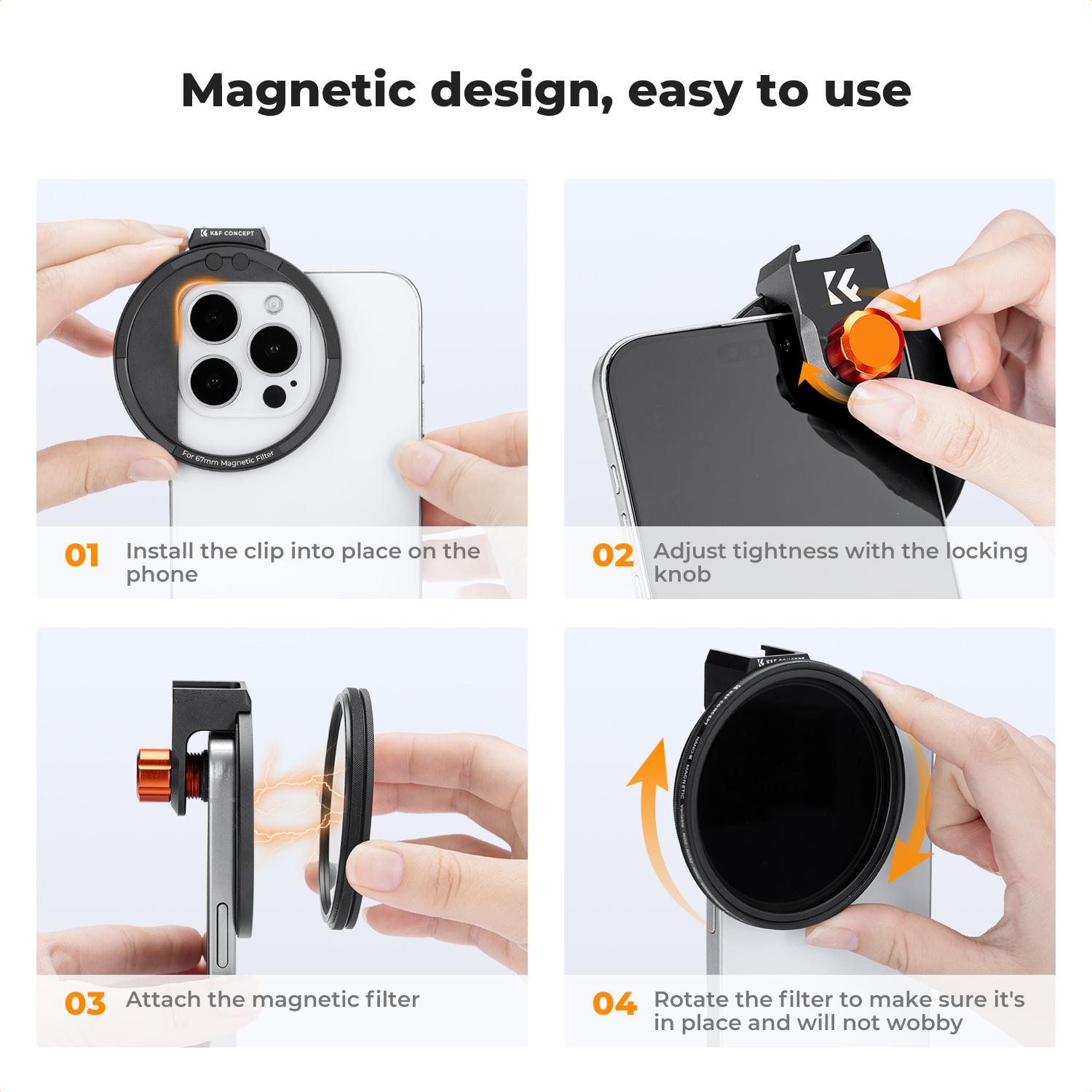 【K&F CONCEPT】Clip On 67mm CPL Magnetic Phone Lens Filter Kit, Phone Clip with Magnetic Adapter Ring/Cold Shoe/Locking Knob, Polarizer Filter for iPhone 16 15 Pro Max 14 13